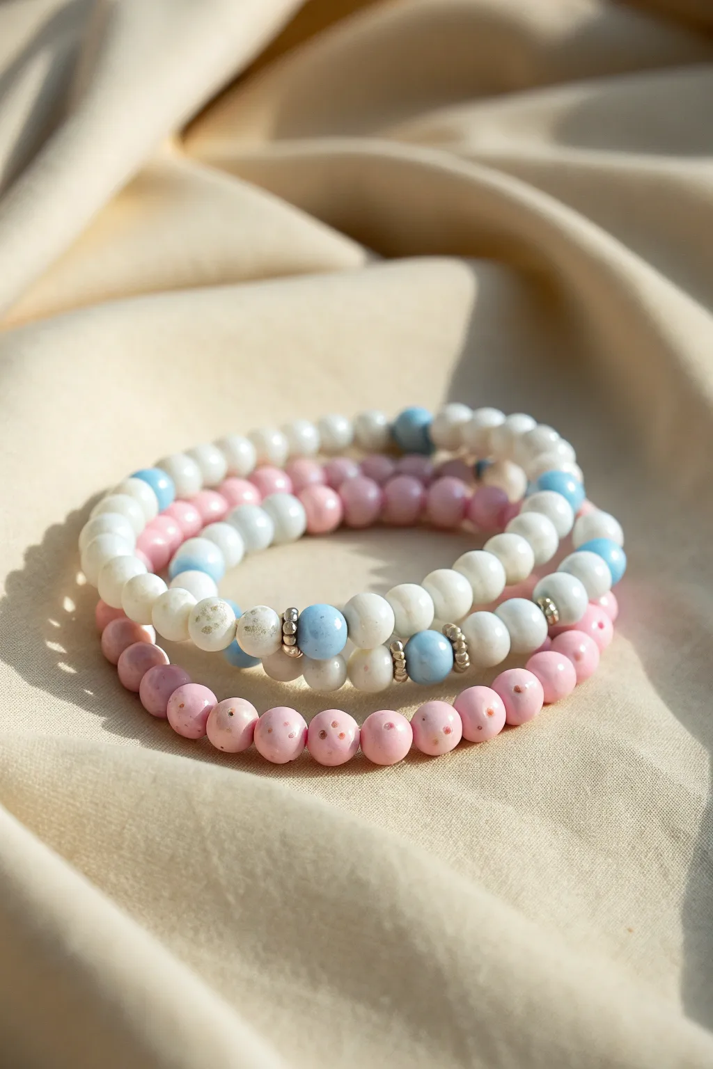 Cotton candy clay bead bracelet stack in pink, baby blue, and white with playful confetti mix.