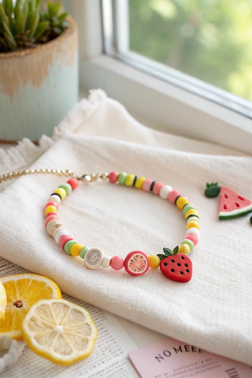Fruit-salad charm clay bead bracelet with bright heishi beads and simple sunny accents