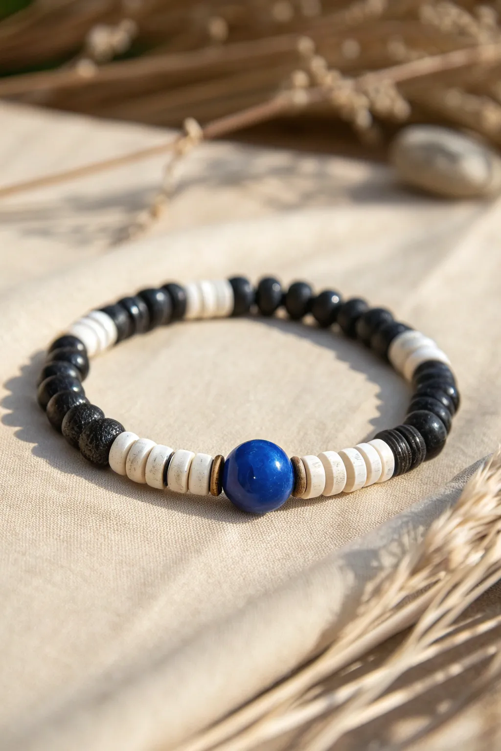 Bold black-and-white heishi bracelet with a striking cobalt center bead for modern pop contrast
