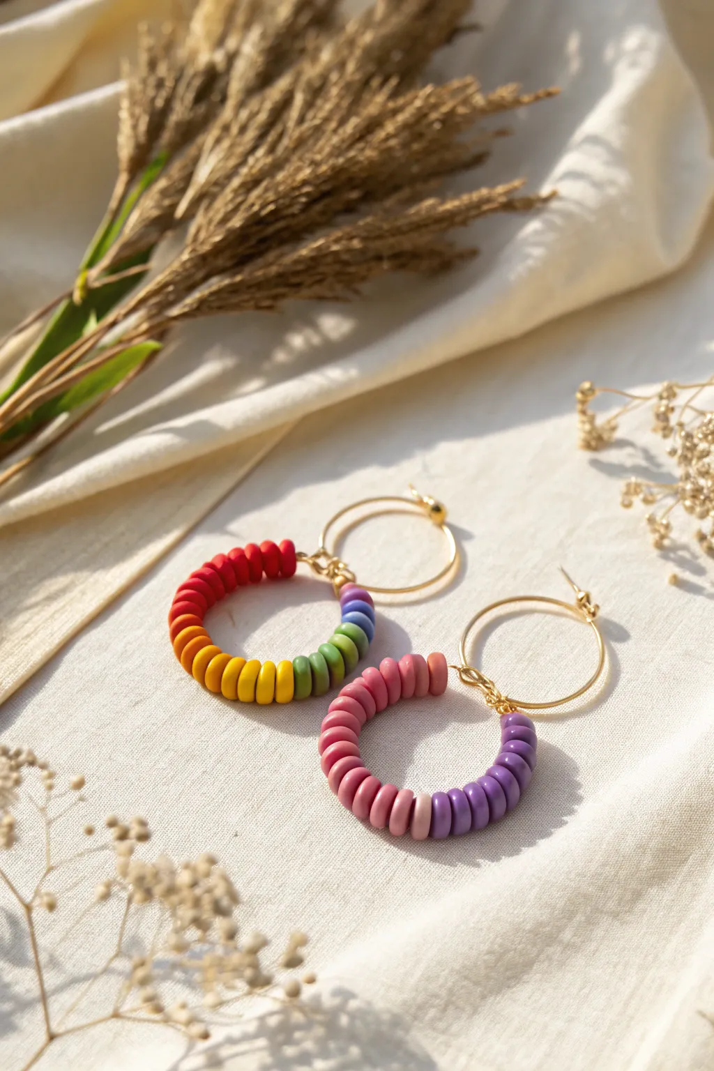 Rainbow-order heishi bead hoops in bold colors, minimal styling that feels calm and crafted
