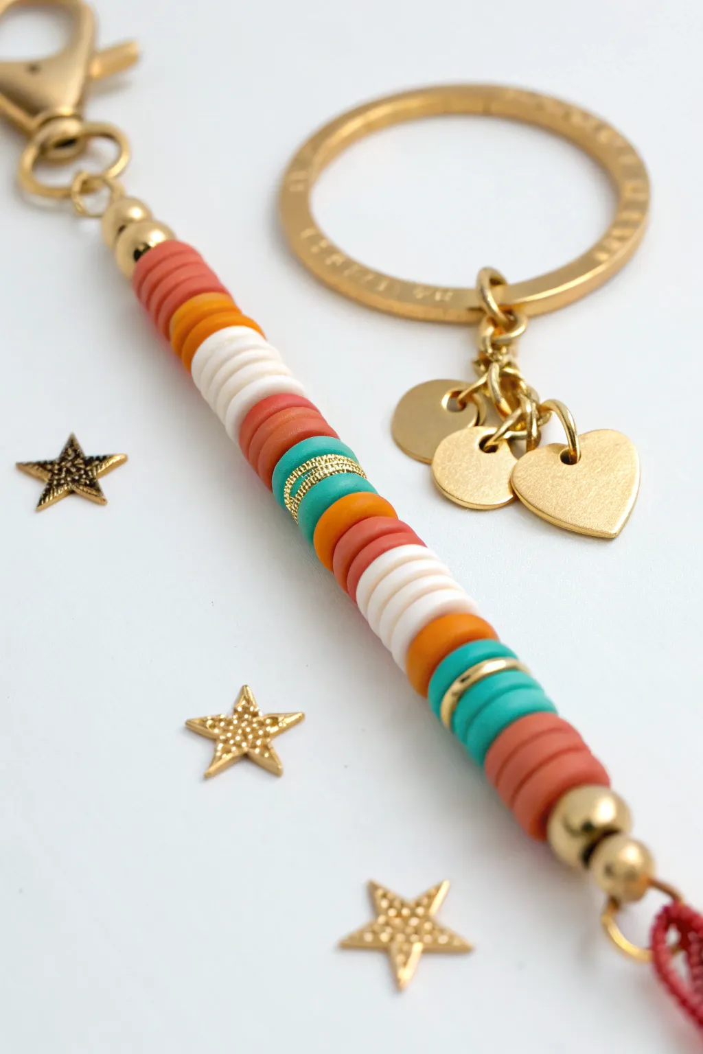 Sweet heart-and-star heishi bead keychain with bold pops of color, simple and handmade.