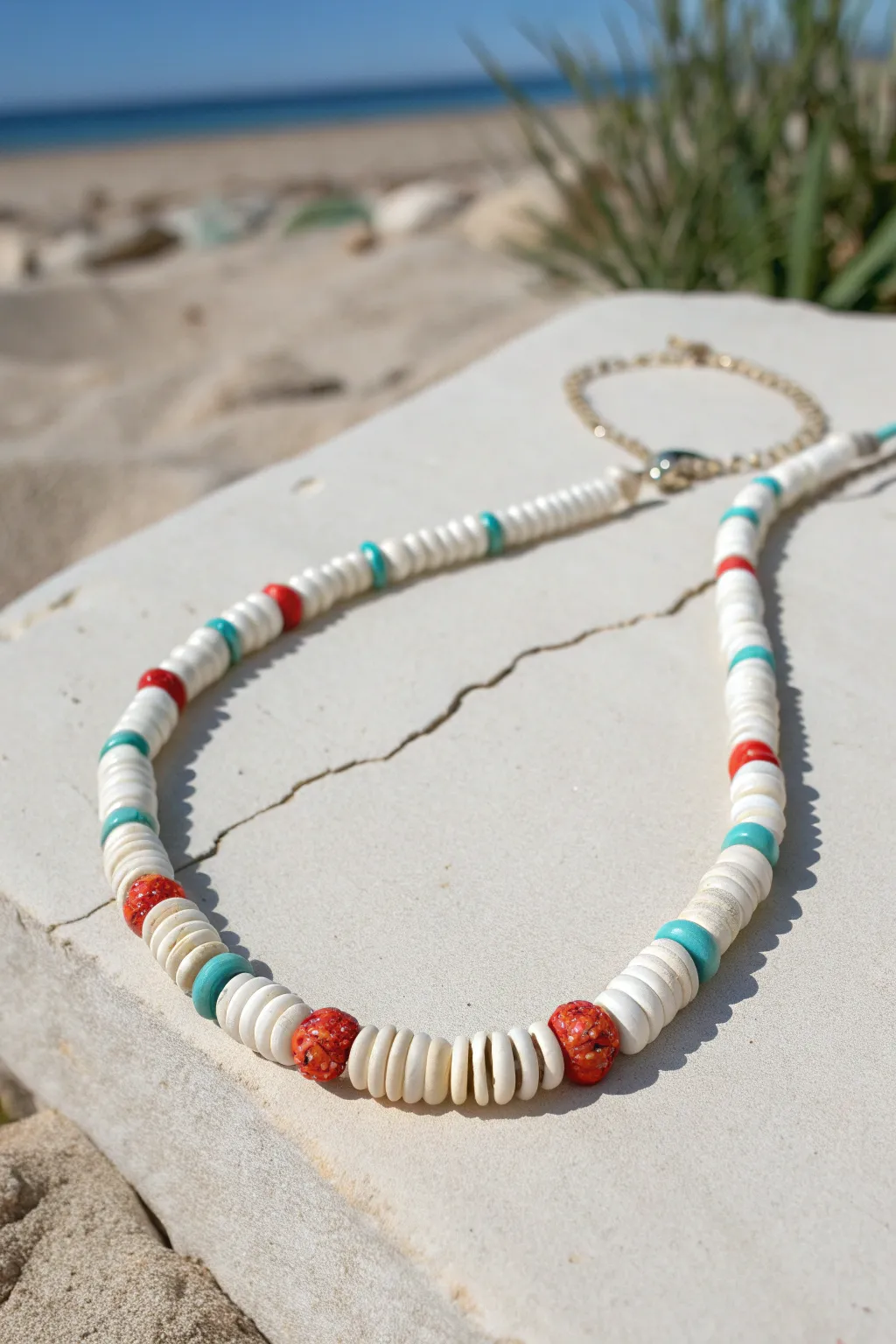 Puka-style shell and bright clay heishi necklace, minimalist boho color pop for summer days.