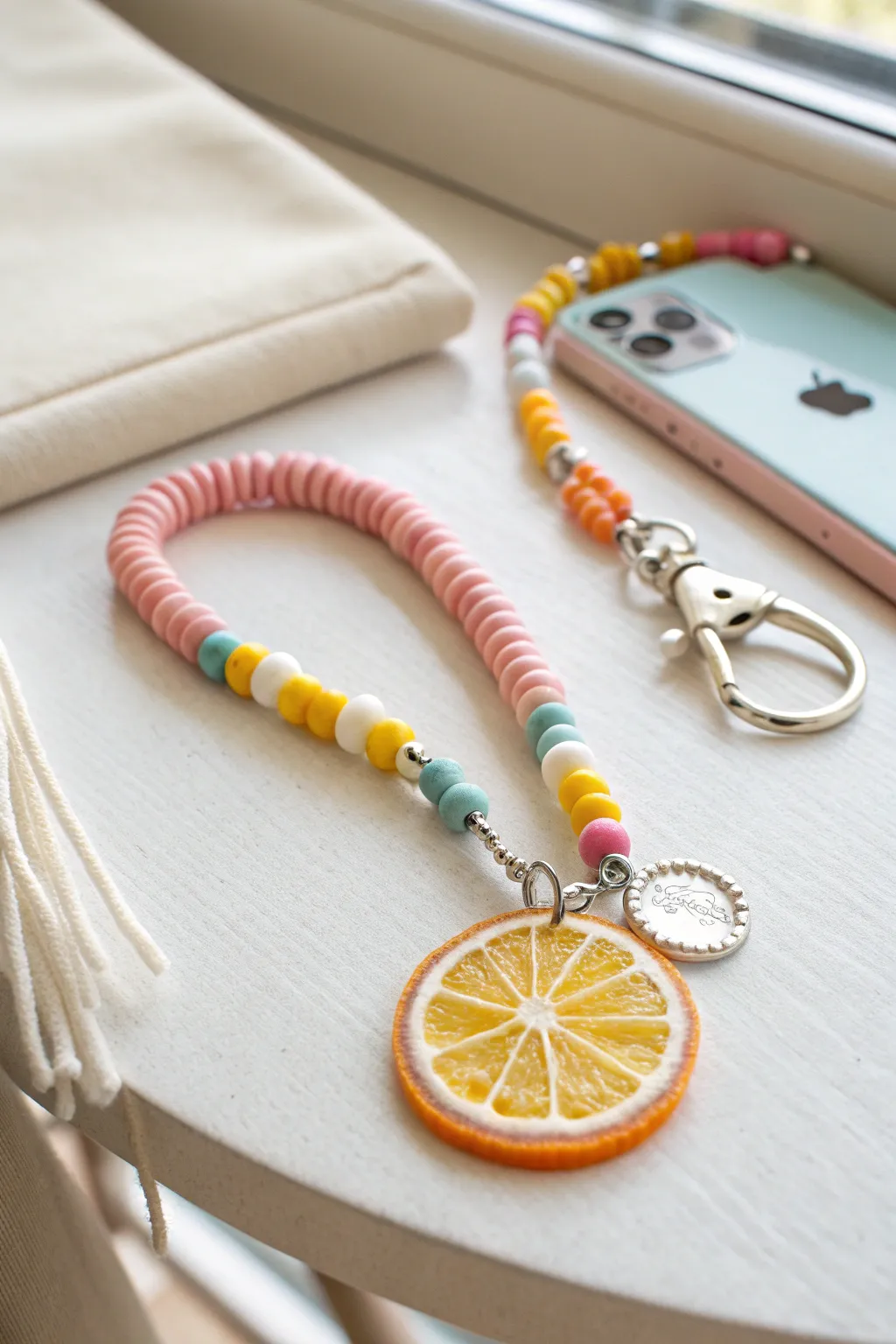 Bright heishi bead phone charm with a citrus slice centerpiece for easy summer vibes.
