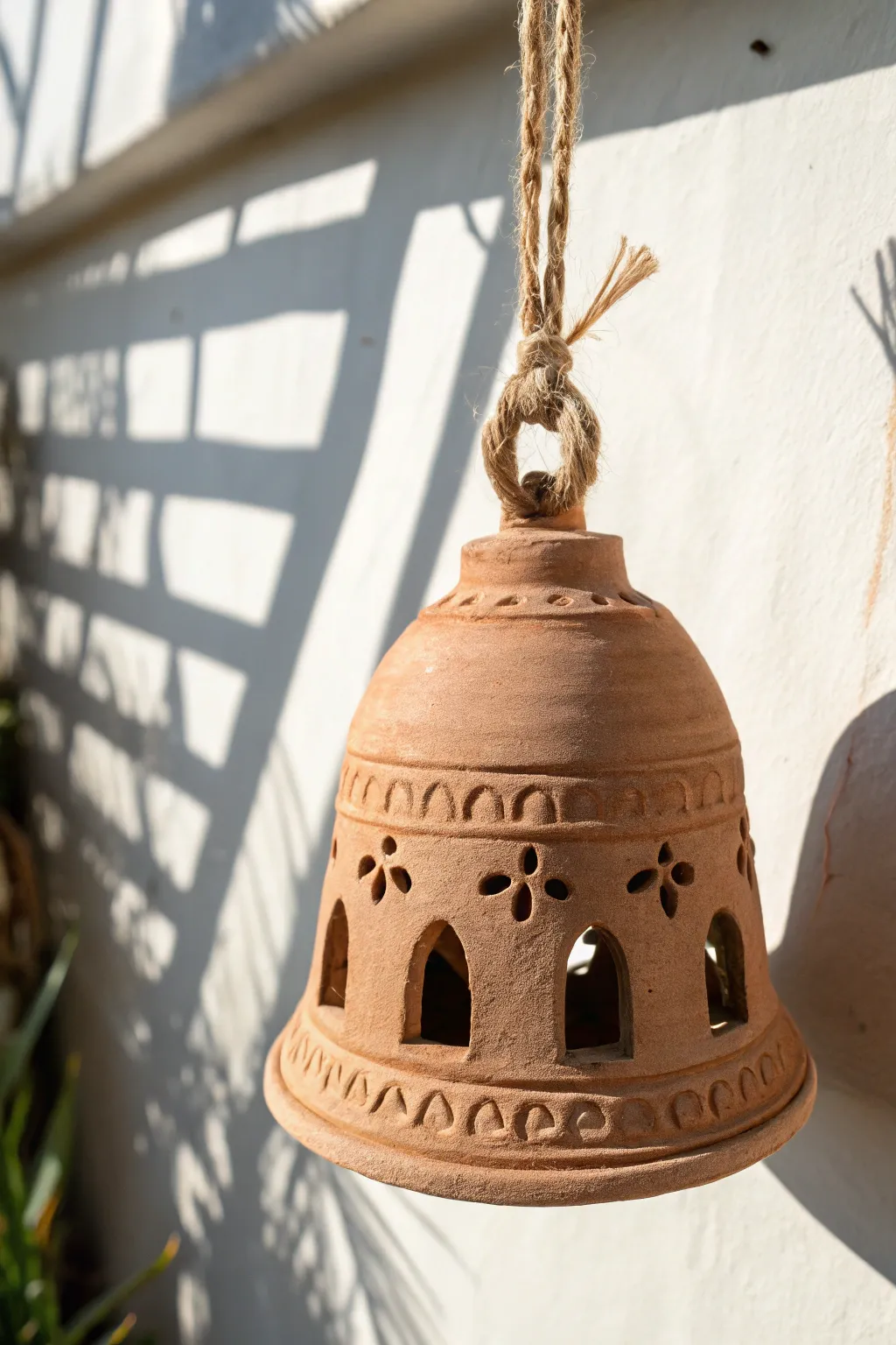 Minimal clay bell with window cutouts casting bold, dreamy shadows on a sunlit wall.