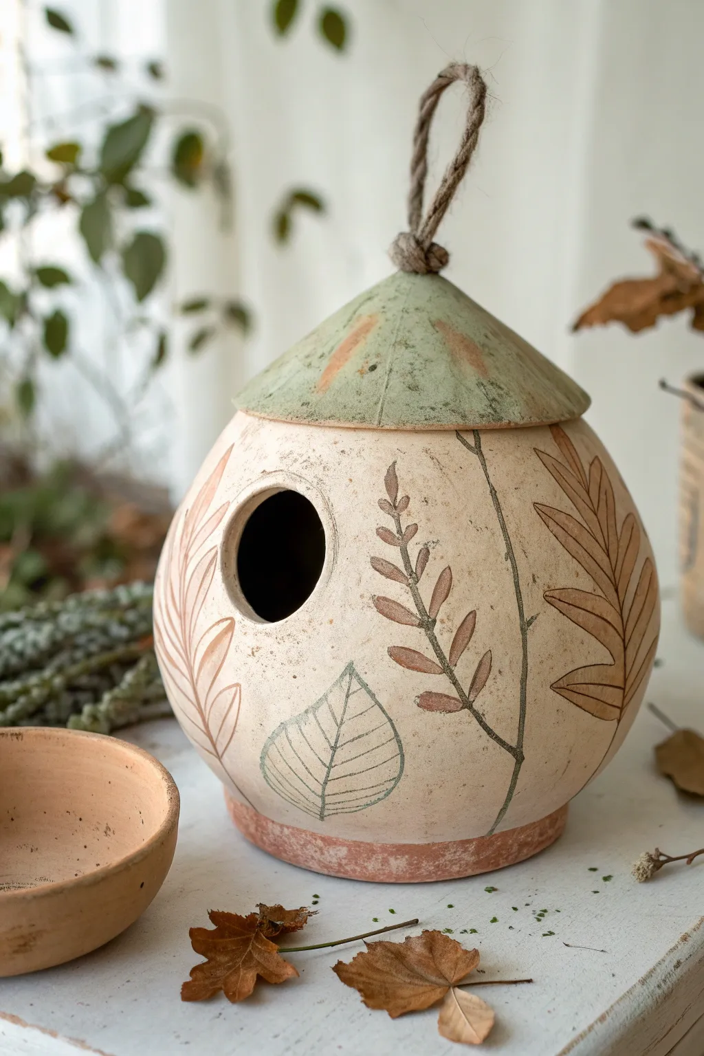 Sculpted clay birdhouse with bark and leaf imprints, matte earth tones, minimalist boho styling.