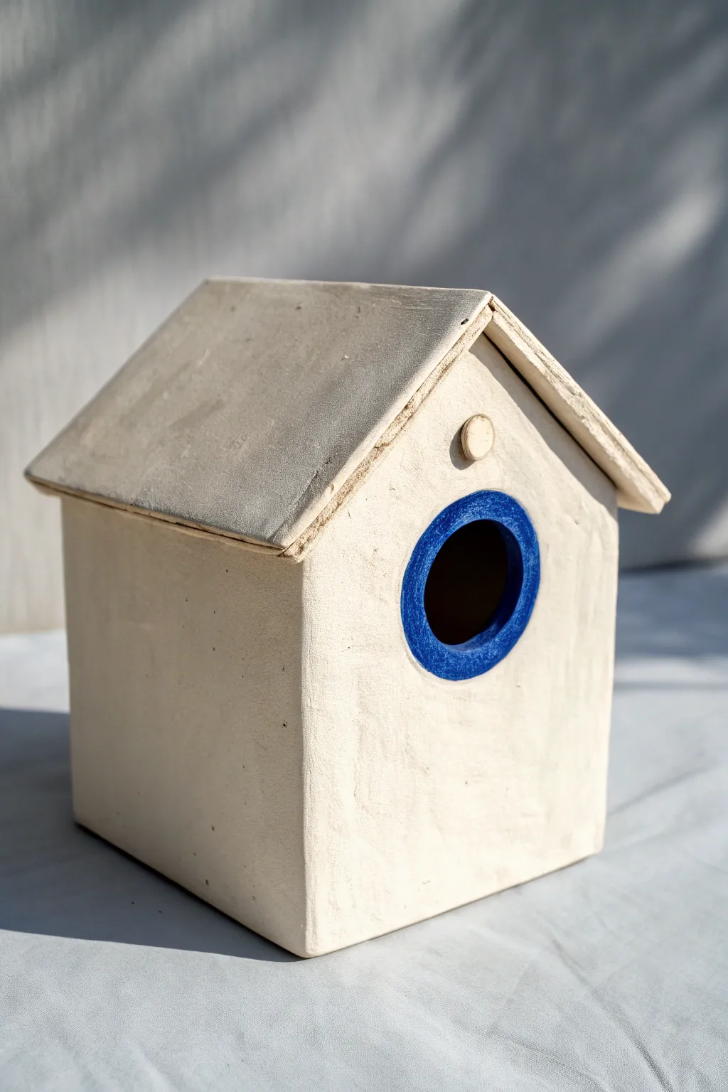 Minimal cube clay birdhouse with bold round entry, Scandinavian clean lines and boho warmth.