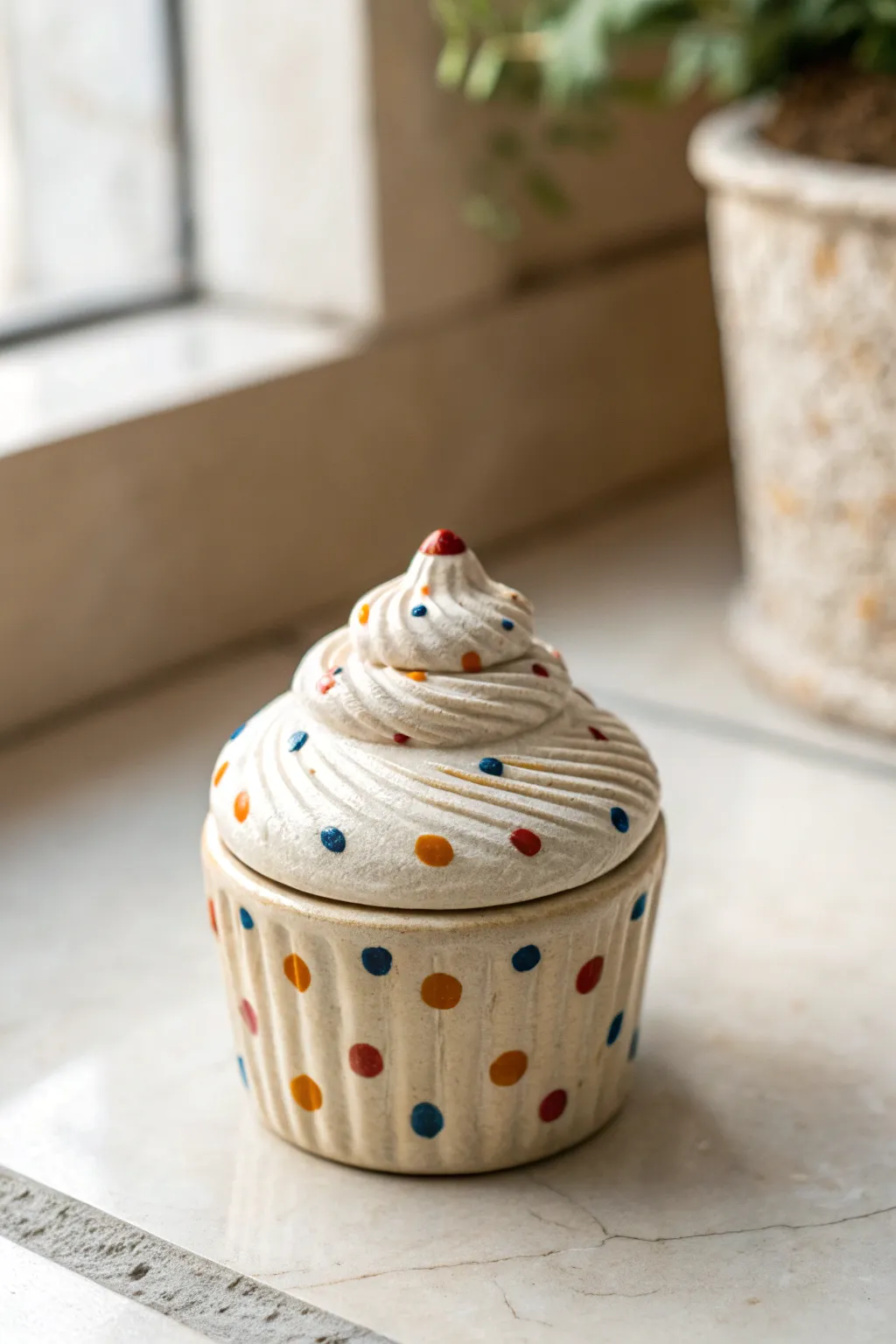 Sweet cupcake trinket box in clay, a charming birthday gift with playful sprinkles.