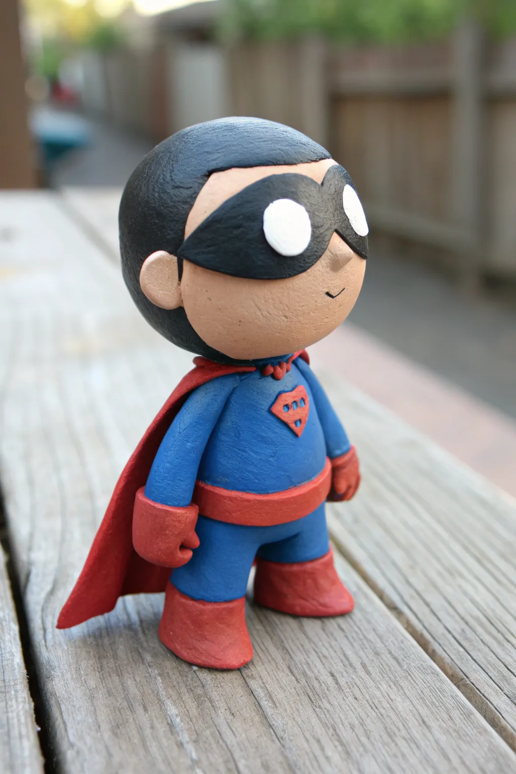 Minimal masked superhero clay bobblehead in bold cobalt and coral, simple and handcrafted