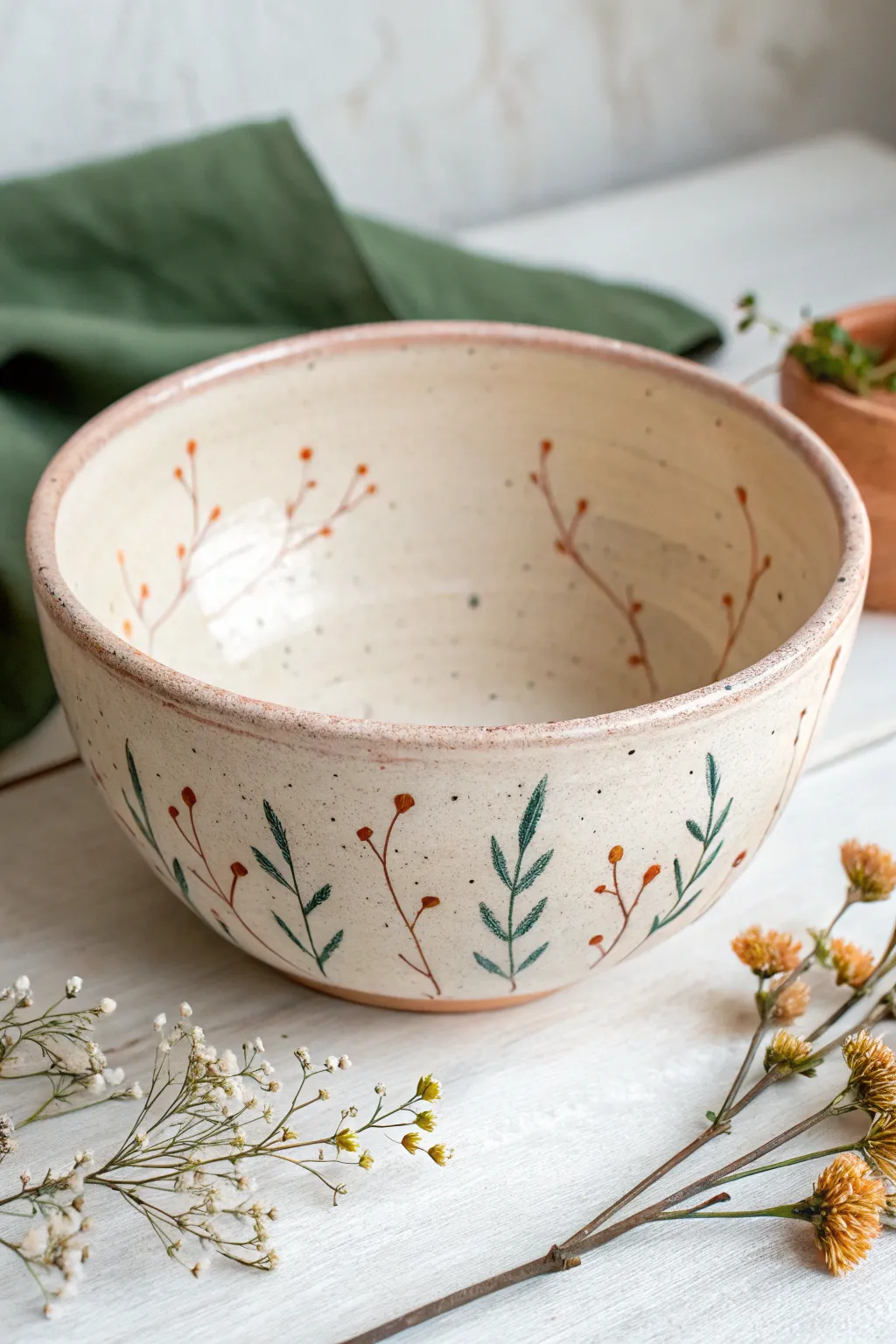 Soft ivory bowl with fine floral stems inside, a minimal yet boho touch for clay design