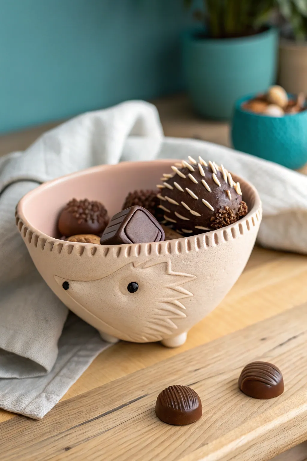 Handmade hedgehog bowl with spiky carved back, cradling chocolates on a cozy wood table.