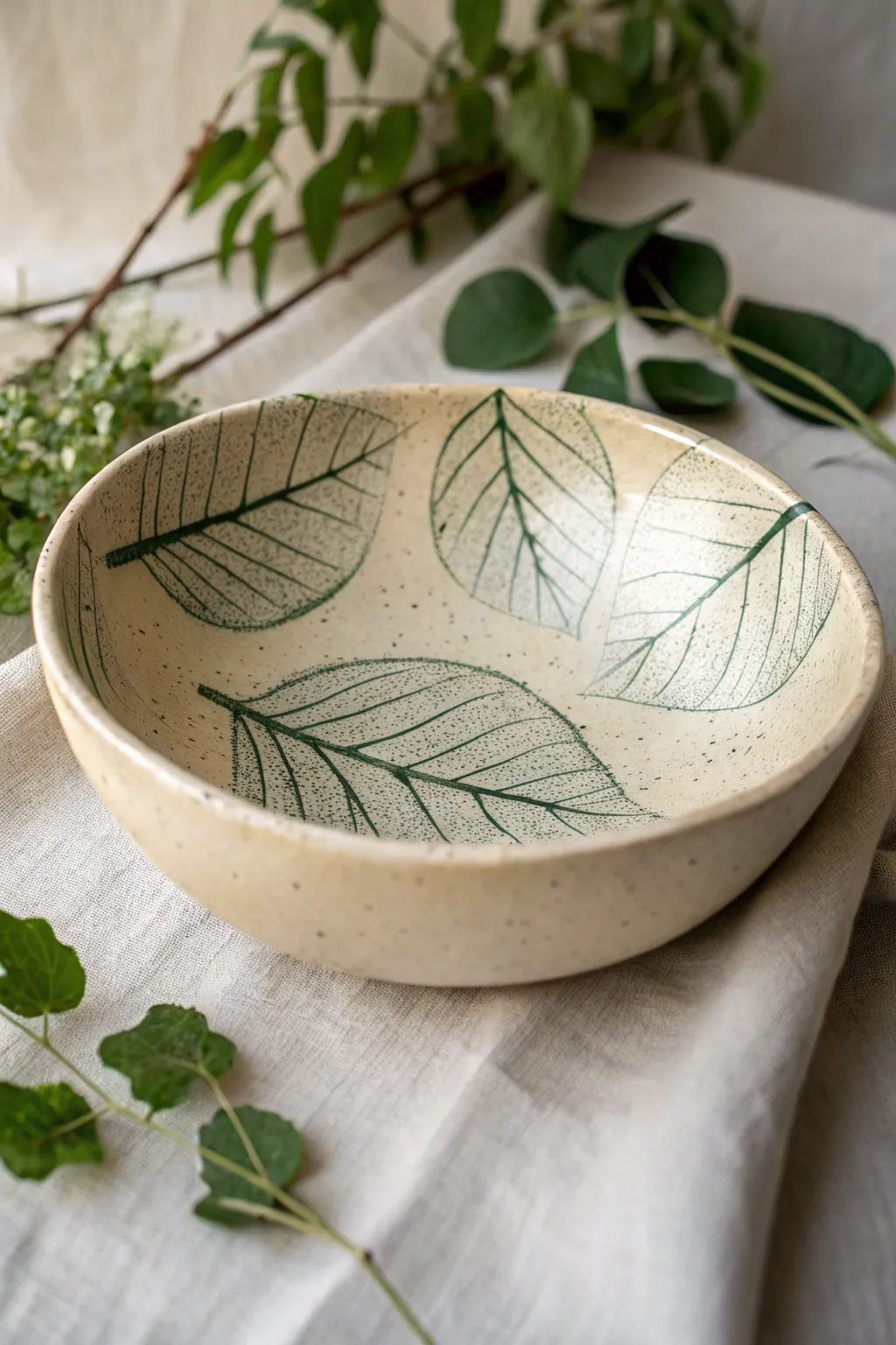 Leaf-imprint clay bowl with soft folds and bold botanical contrast, minimalist and boho