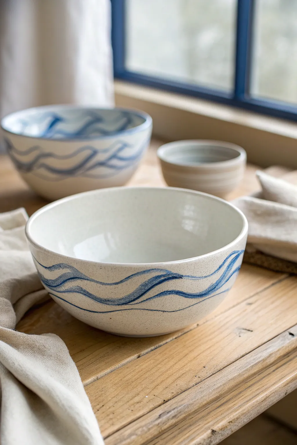 Calm blue wave pattern on a white clay bowl, minimalist yet boho, perfect for beginner painters