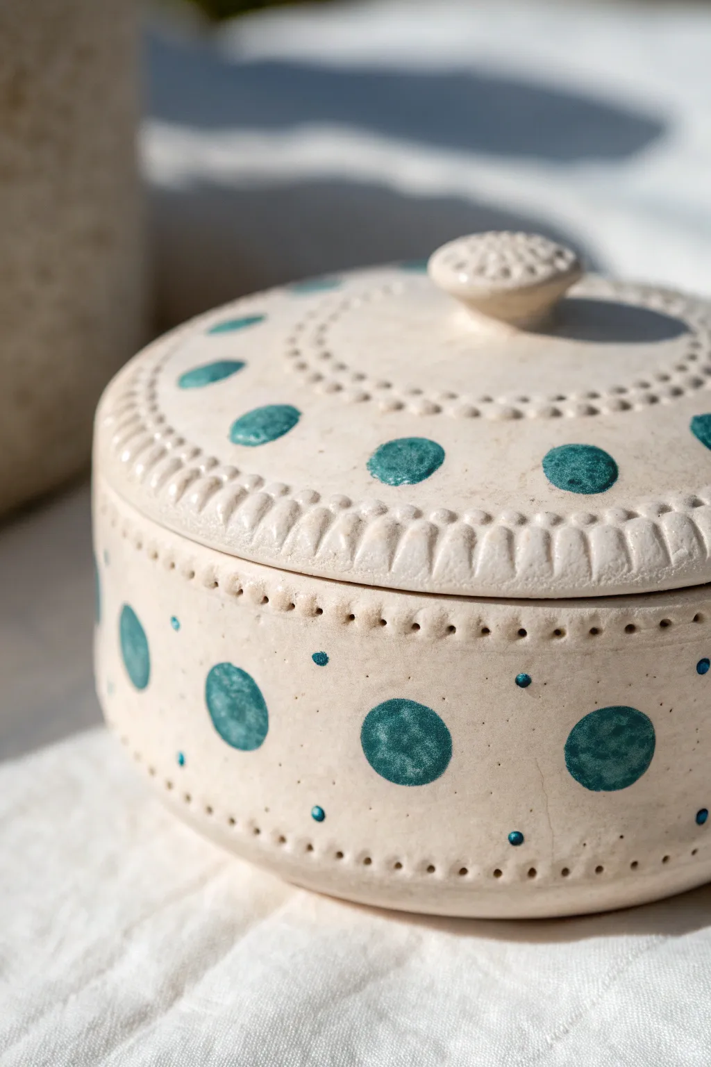 Raised dot border clay box for a beaded look, matte blush with bold teal accents, minimalist charm.