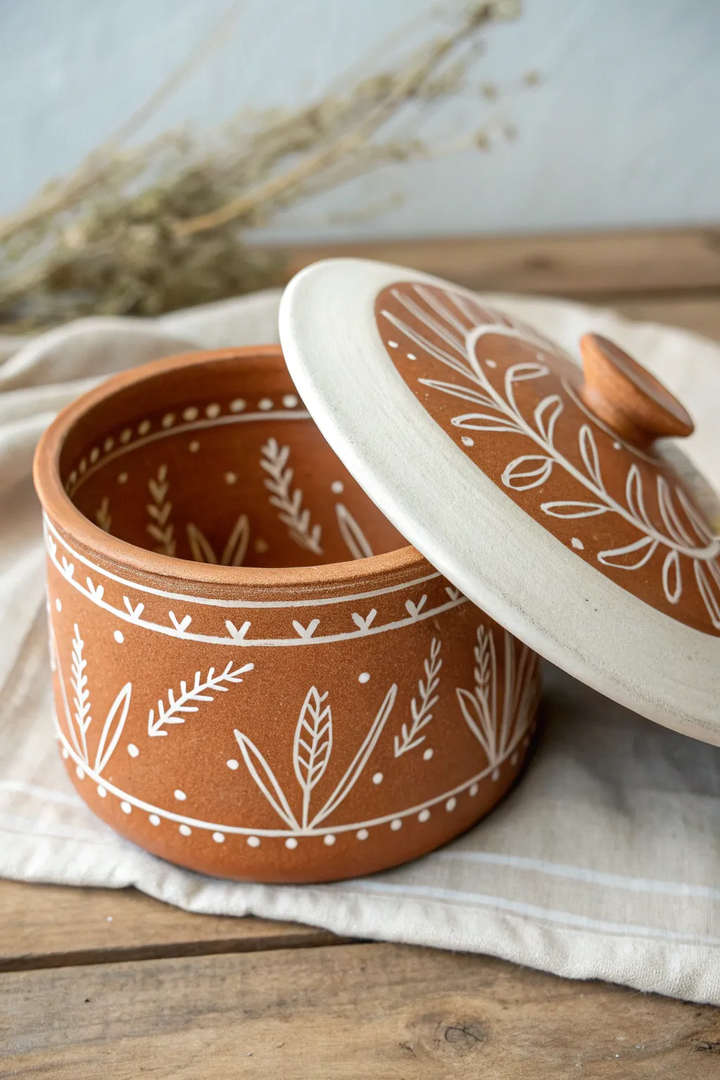 Minimal sgraffito clay box with a tilted patterned lid, crisp contrast and earthy boho calm