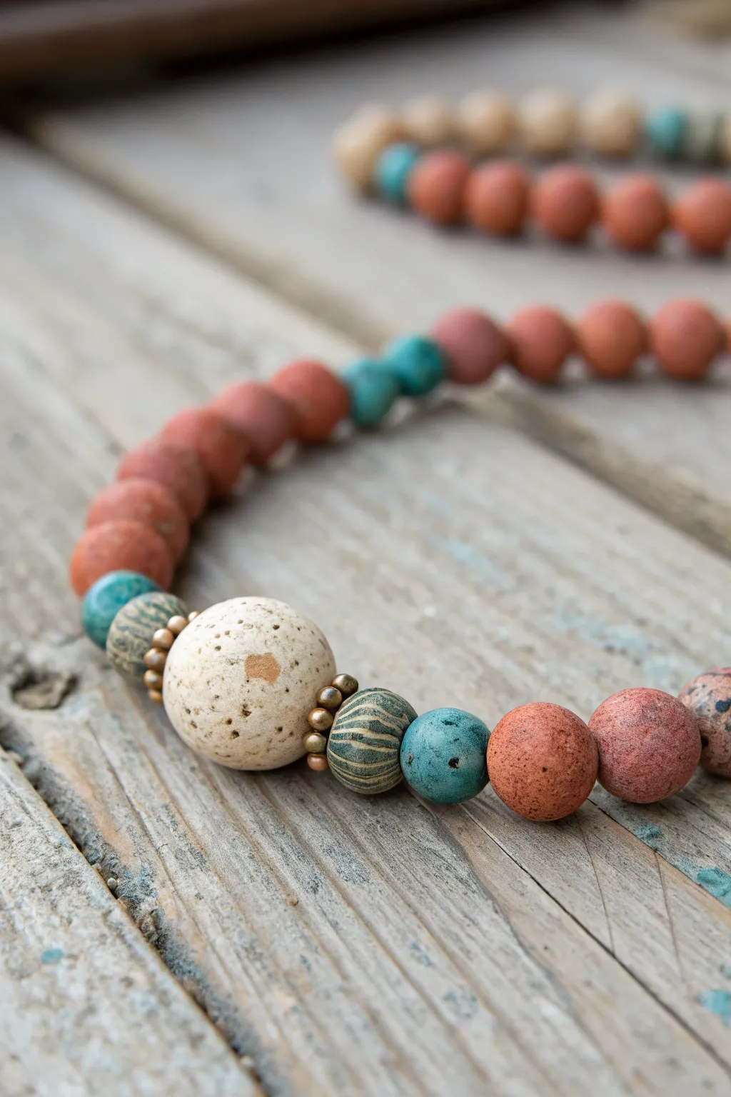 Centered focal bead bracelet with mirrored clay colors for a clean, balanced minimalist look.