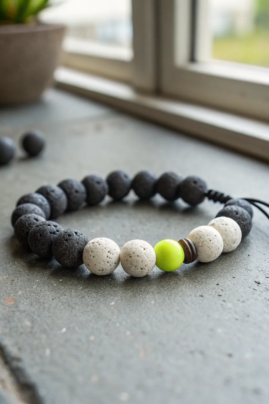 Skatepark neutrals: charcoal and off-white clay bracelet with a neon pop for boys.