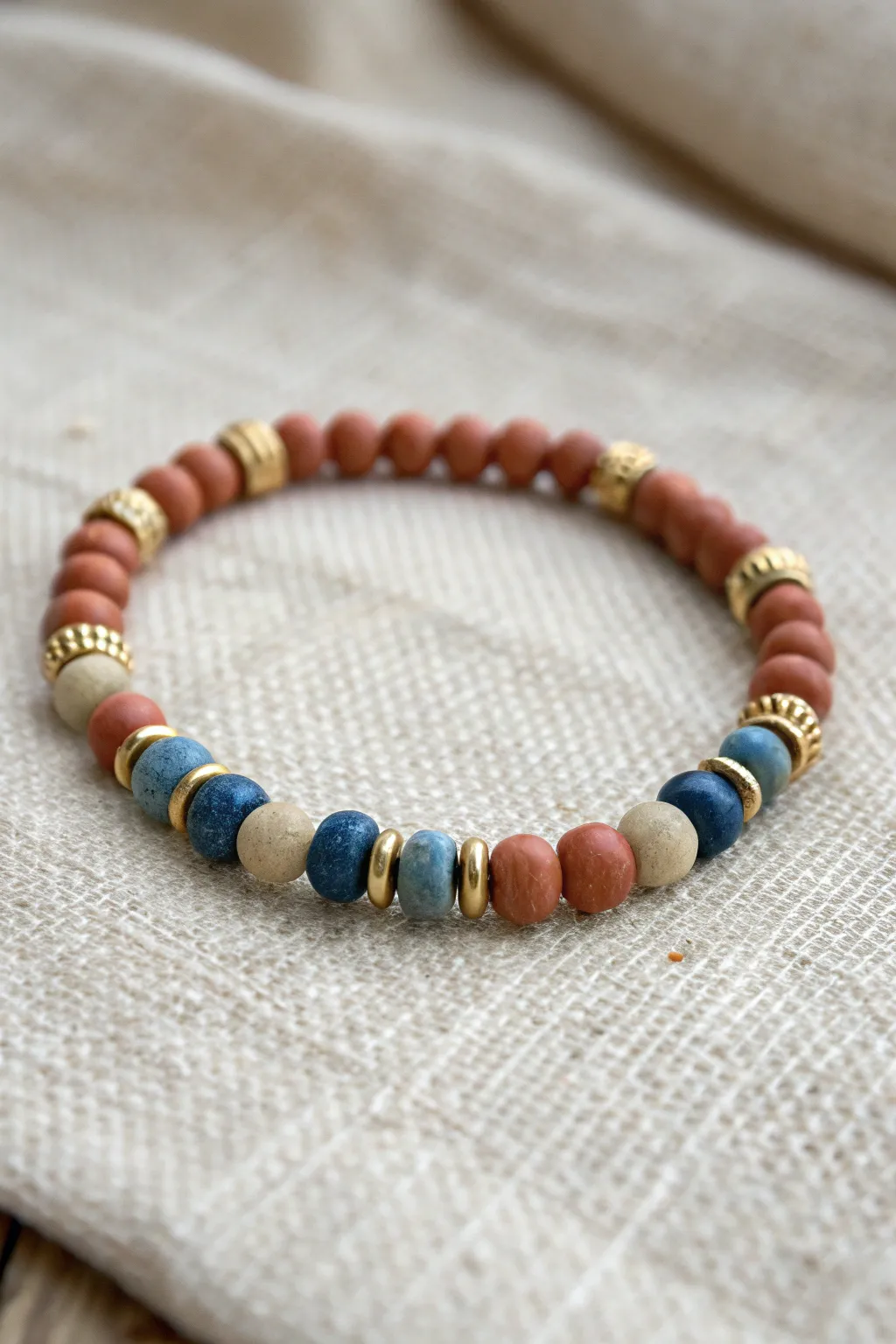 Clay disc bracelet with gold spacer rhythm and bold color blocks for a minimalist boho look.