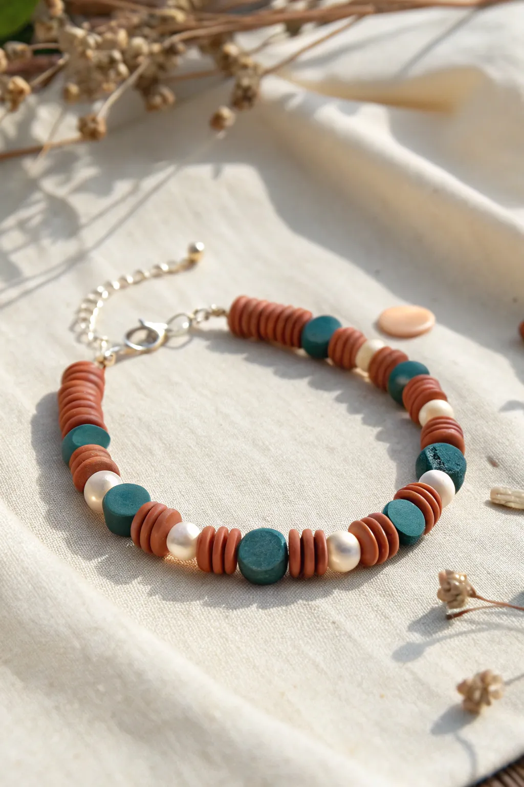 Dressy yet casual pearl-and-clay bracelet with bold disc beads and soft pearls in a boho-minimal style.