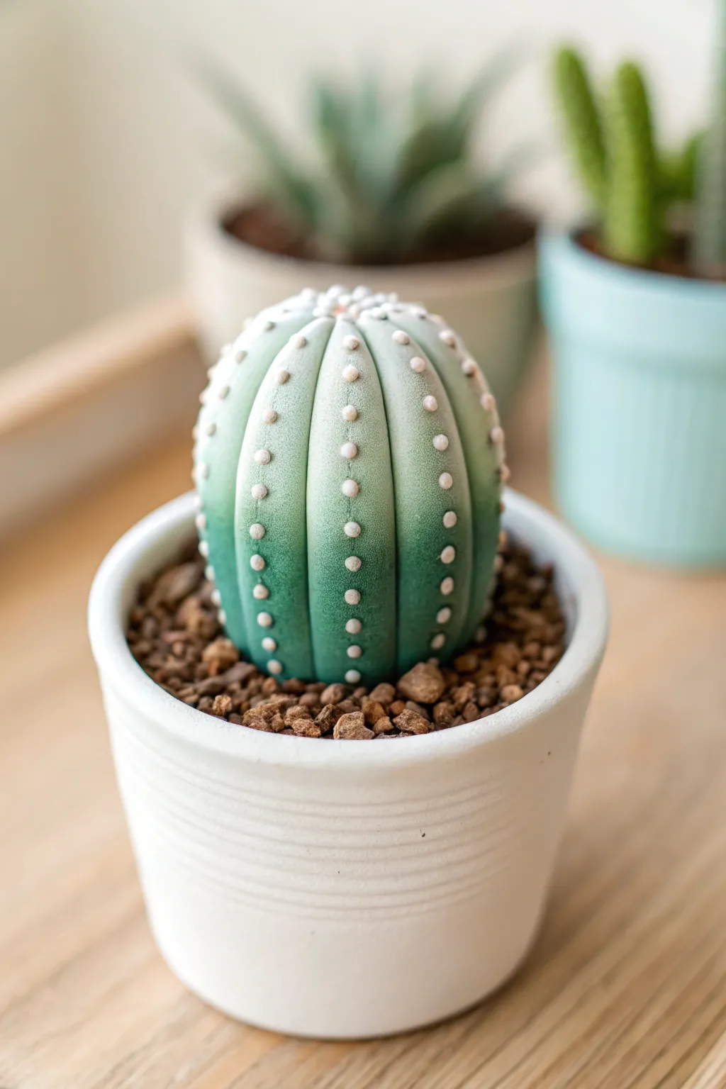 Two-tone green clay cactus with a smooth gradient finish, minimal pot, bold natural contrast