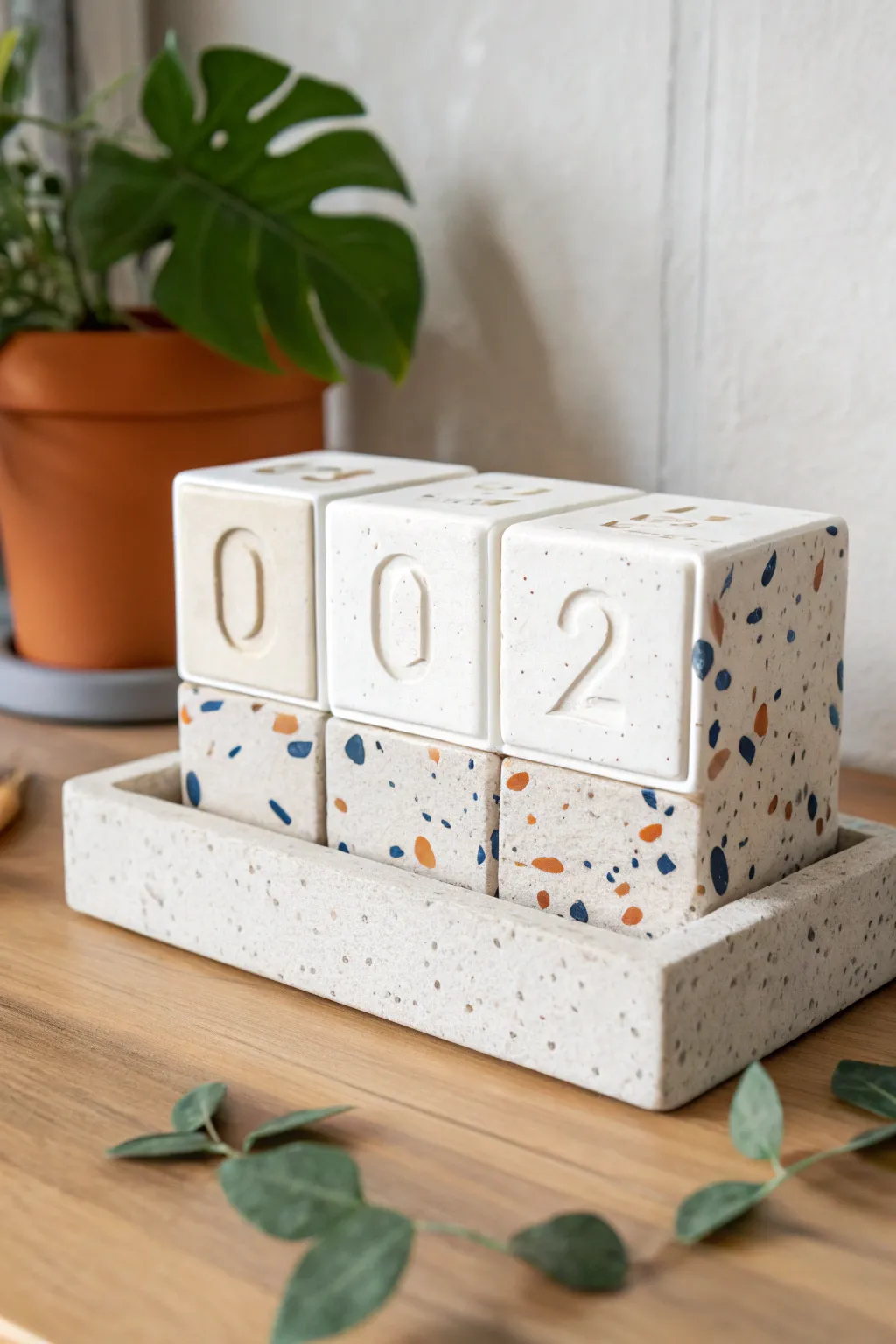 Minimal terrazzo perpetual calendar base with date cubes and month tile, bold yet calm handmade style