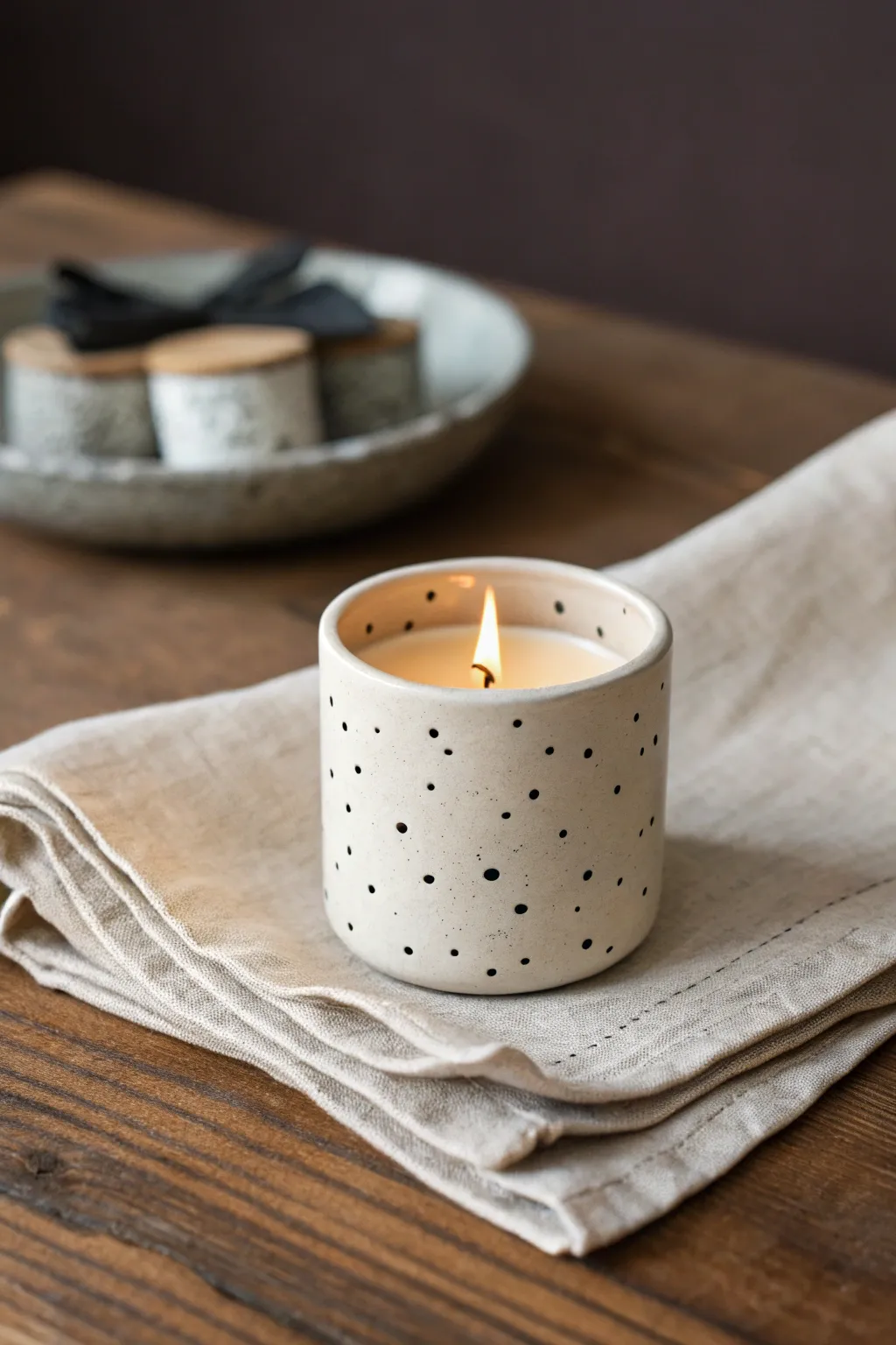 Speckled clay votive with warm tea light glow, minimalist yet cozy for easy candle decor.