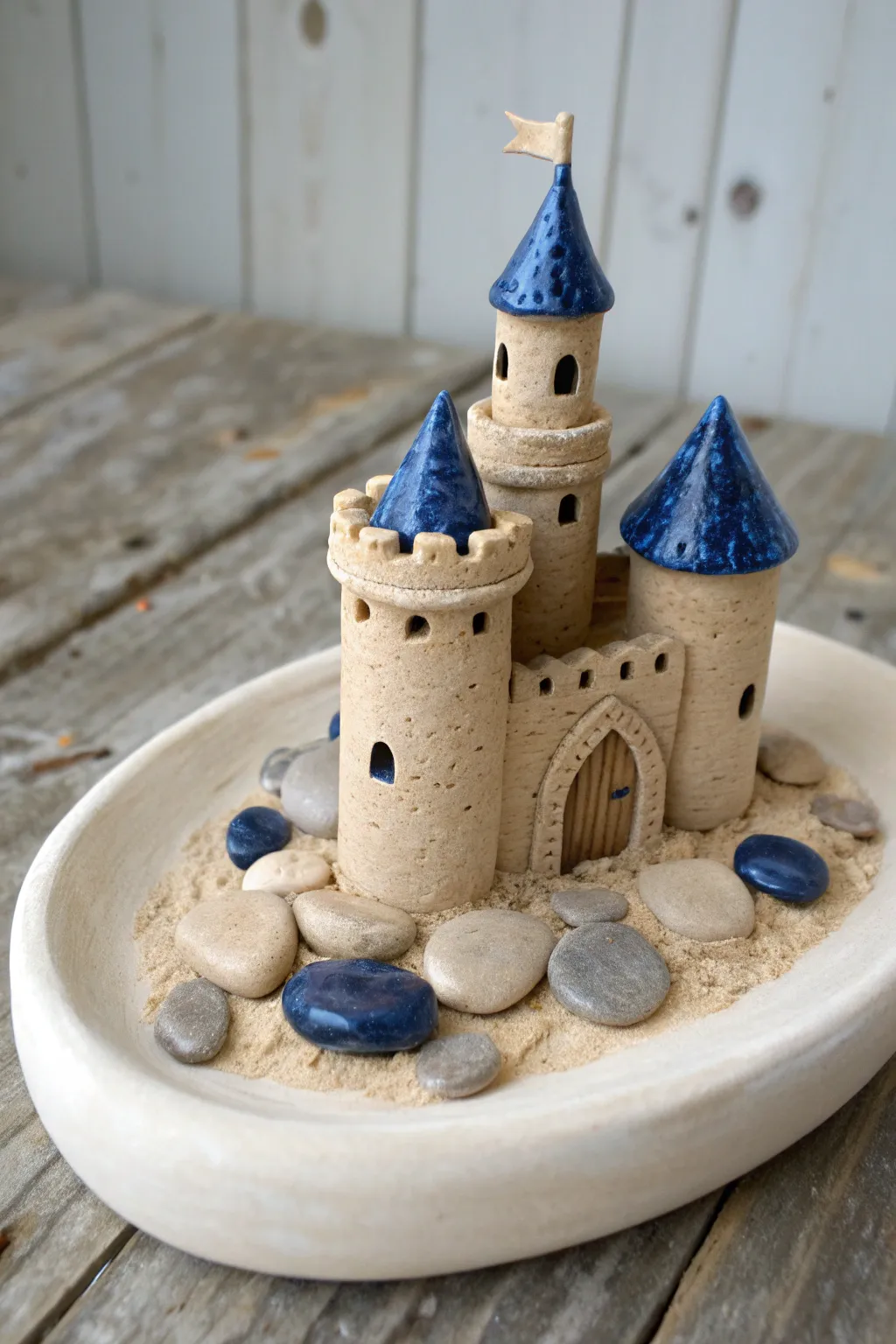 Minimal clay castle on an oval base with a glossy blue moat inlay and smooth pebble accents