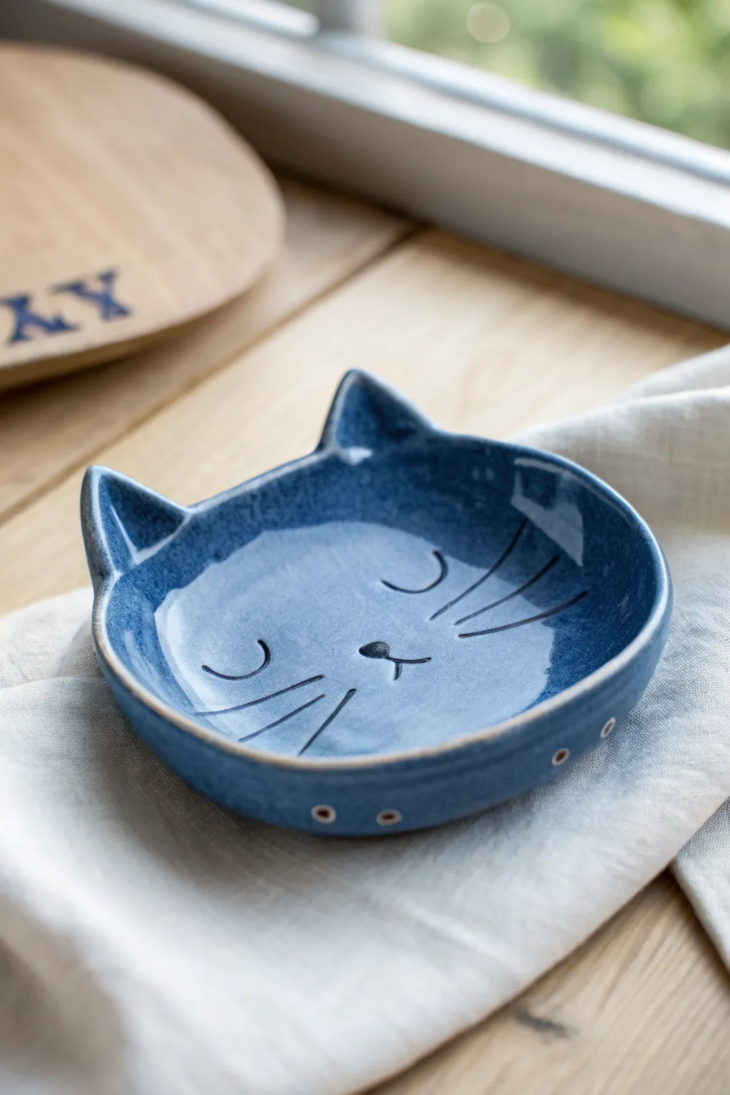 Minimalist cat face trinket dish in bold glaze, perfect for rings and tiny treasures.