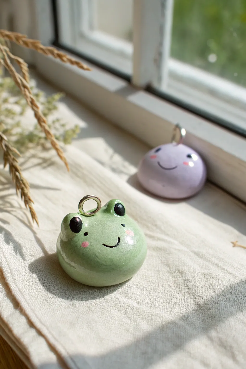 Two chubby frog face charms, one bold green and one pastel, for simple DIY clay jewelry joy.