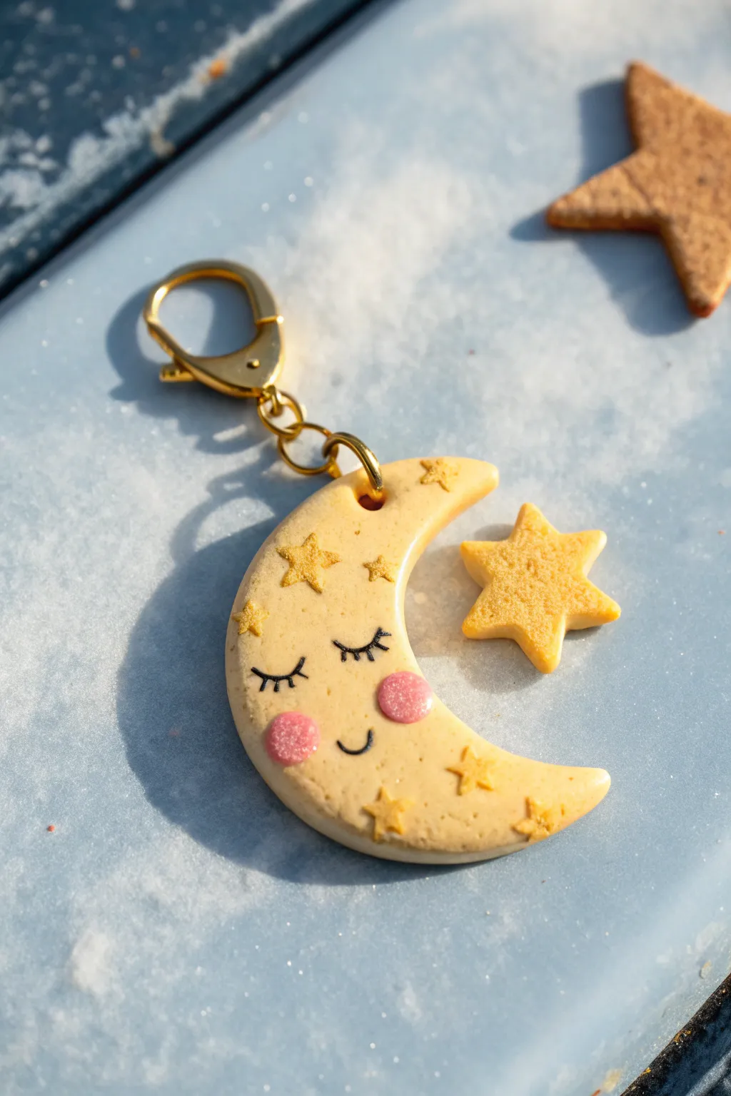 Dreamy crescent moon face charm with rosy cheeks, a cute clay idea for soft celestial vibes.
