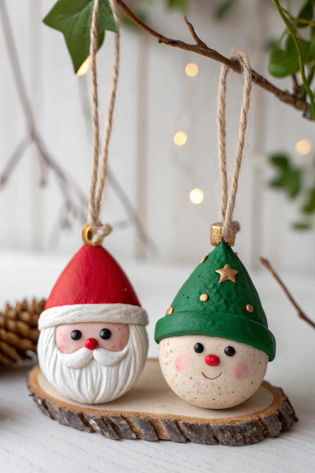 Sweet clay Santa and elf face ornaments in bold red and green, perfect for easy DIY decor.