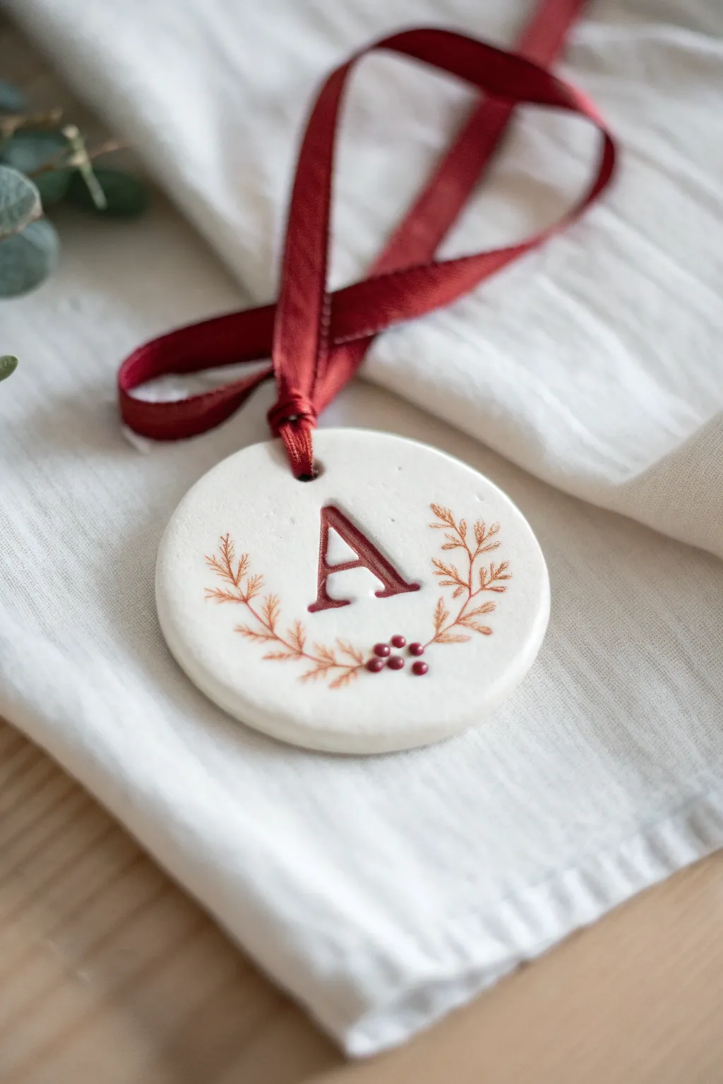Minimal clay monogram ornament with holly detail and red ribbon, cozy Scandinavian holiday style