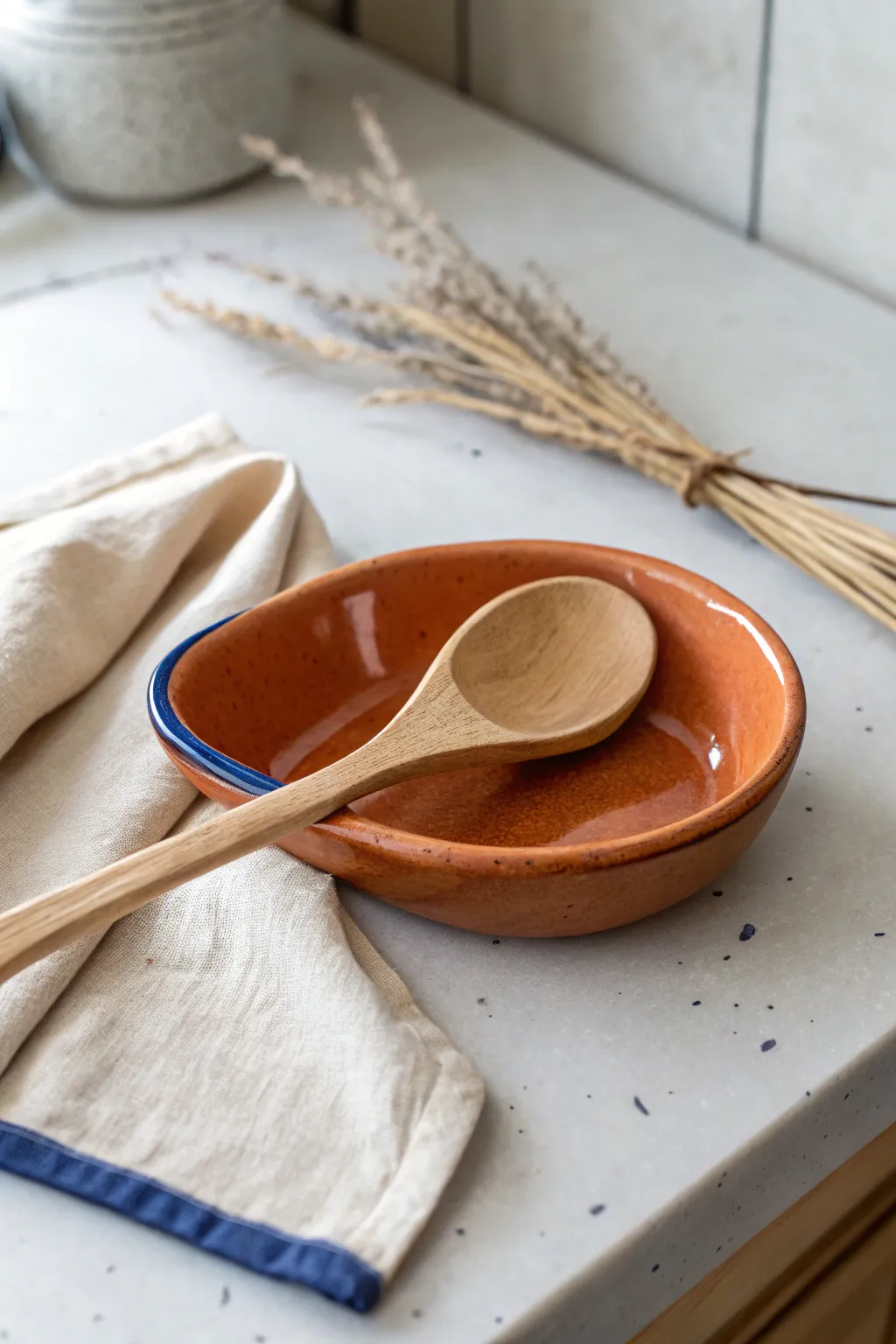 Handmade clay spoon rest with a neat notch and bold glaze, keeping your countertop calm and clean.