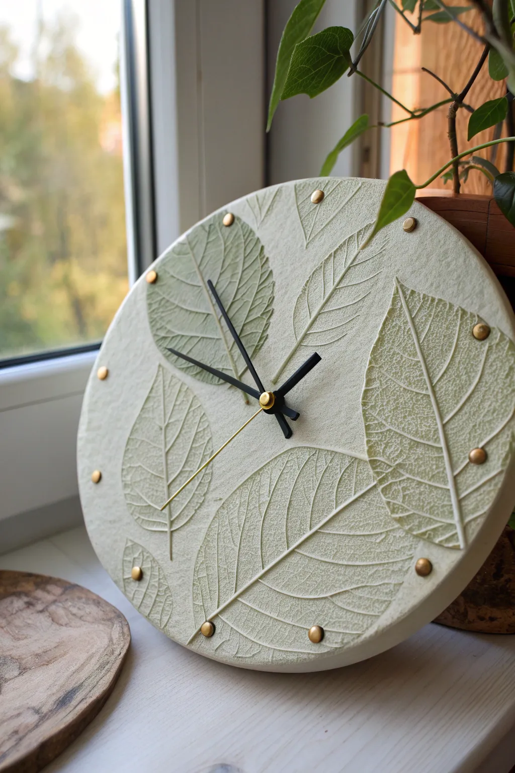 Leaf-impressed clay clock with subtle brass dots, bold earthy tones, and calm Scandinavian style.