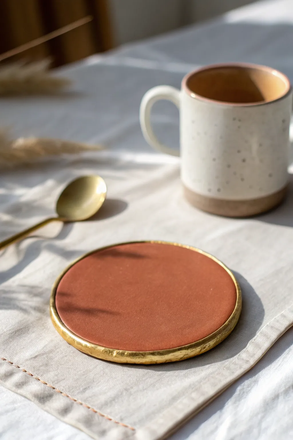 Gilded rim clay coaster adds instant luxe to your coffee corner with minimal boho charm.