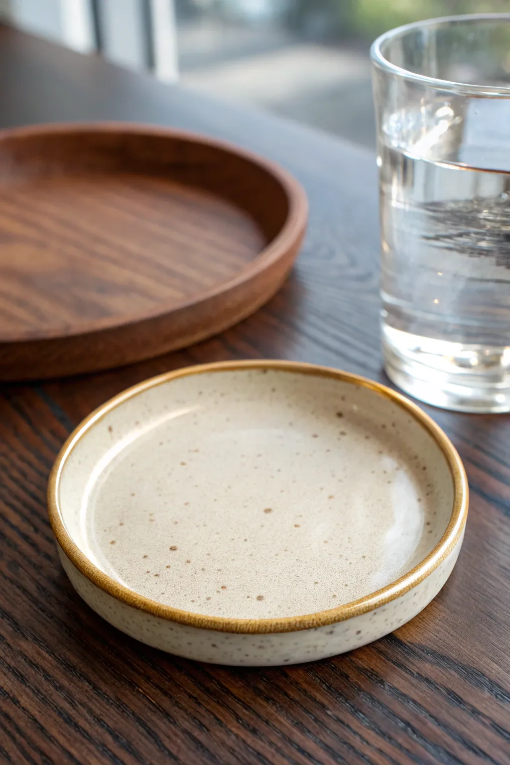 DIY-ready gold rim clay coaster on dark walnut with a clear glass, simple yet luxe.