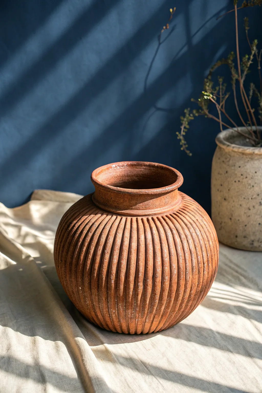 Corrugated coil pot in earthy terracotta, with bold side light revealing juicy textured shadows.