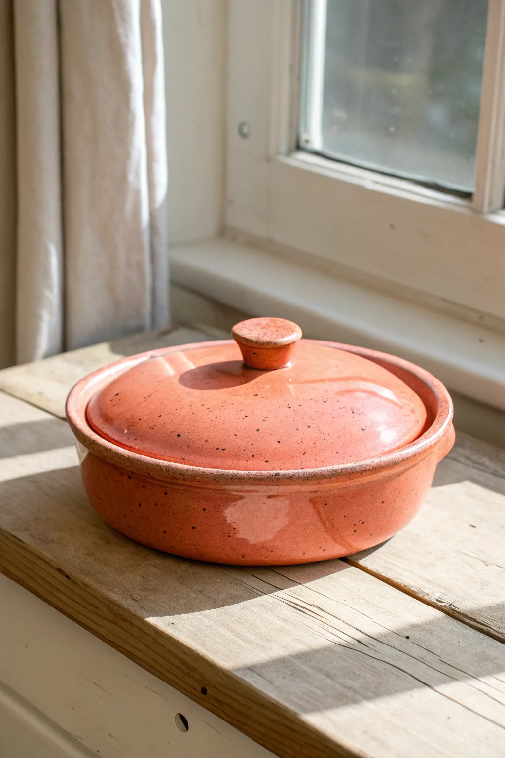 Bright coral oval covered dish with rimmed lid, minimalist shape and handcrafted charm for any counter.