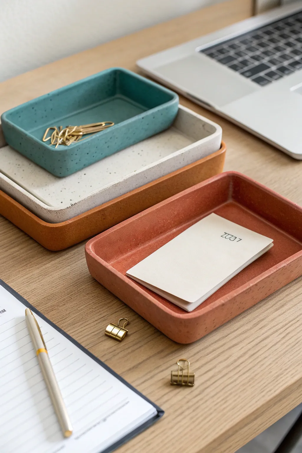 Stackable clay organizer trays in bold, cozy tones for a tidy, minimalist adult workspace