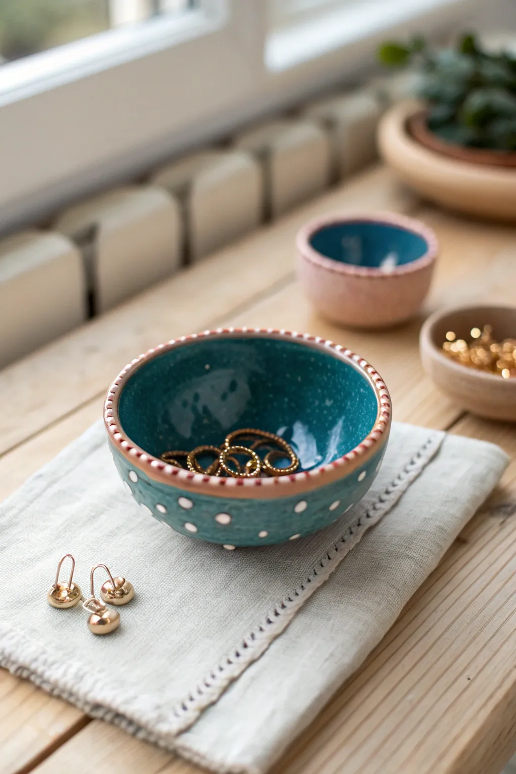 Beaded-edge mini trinket bowl in bold teal, styled for earrings and tiny everyday finds.