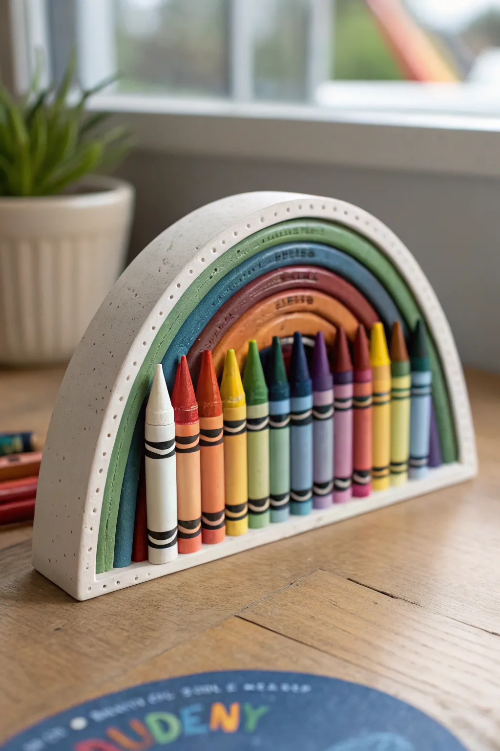DIY rainbow clay crayon holder: a bold, minimalist desk accent kids can actually make