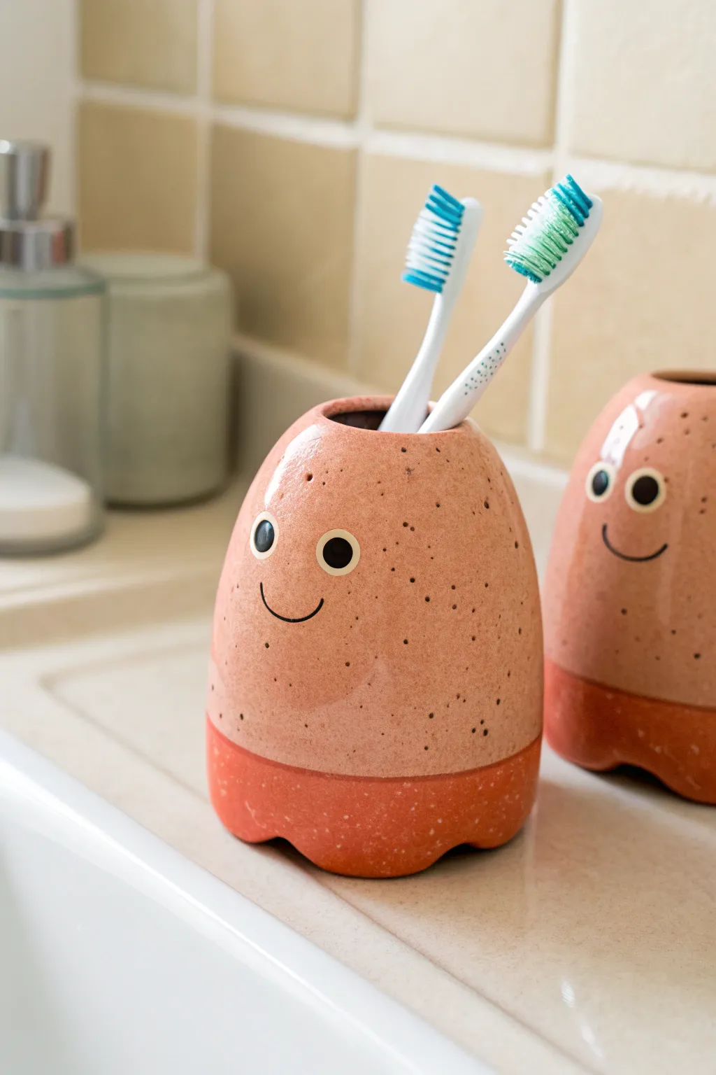Cute blob creature clay toothbrush holder adds playful charm to a clean, minimalist bathroom.