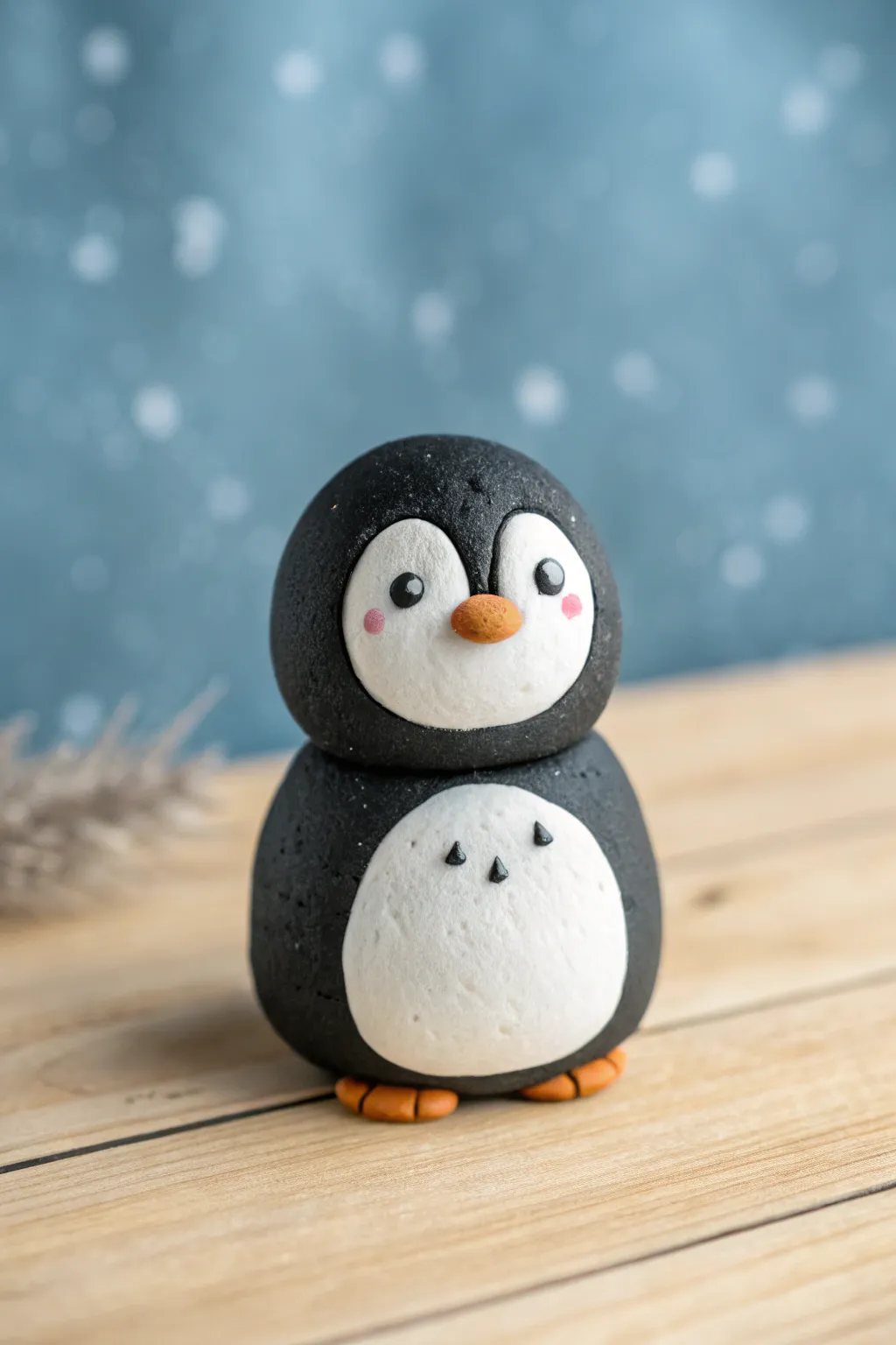 Cute easy clay penguin with bold contrast, minimalist Scandi styling and cool winter backdrop.