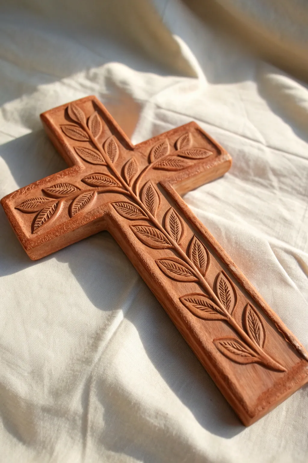 Vine-and-leaf relief clay cross in bold terracotta, minimal and boho with crisp texture.