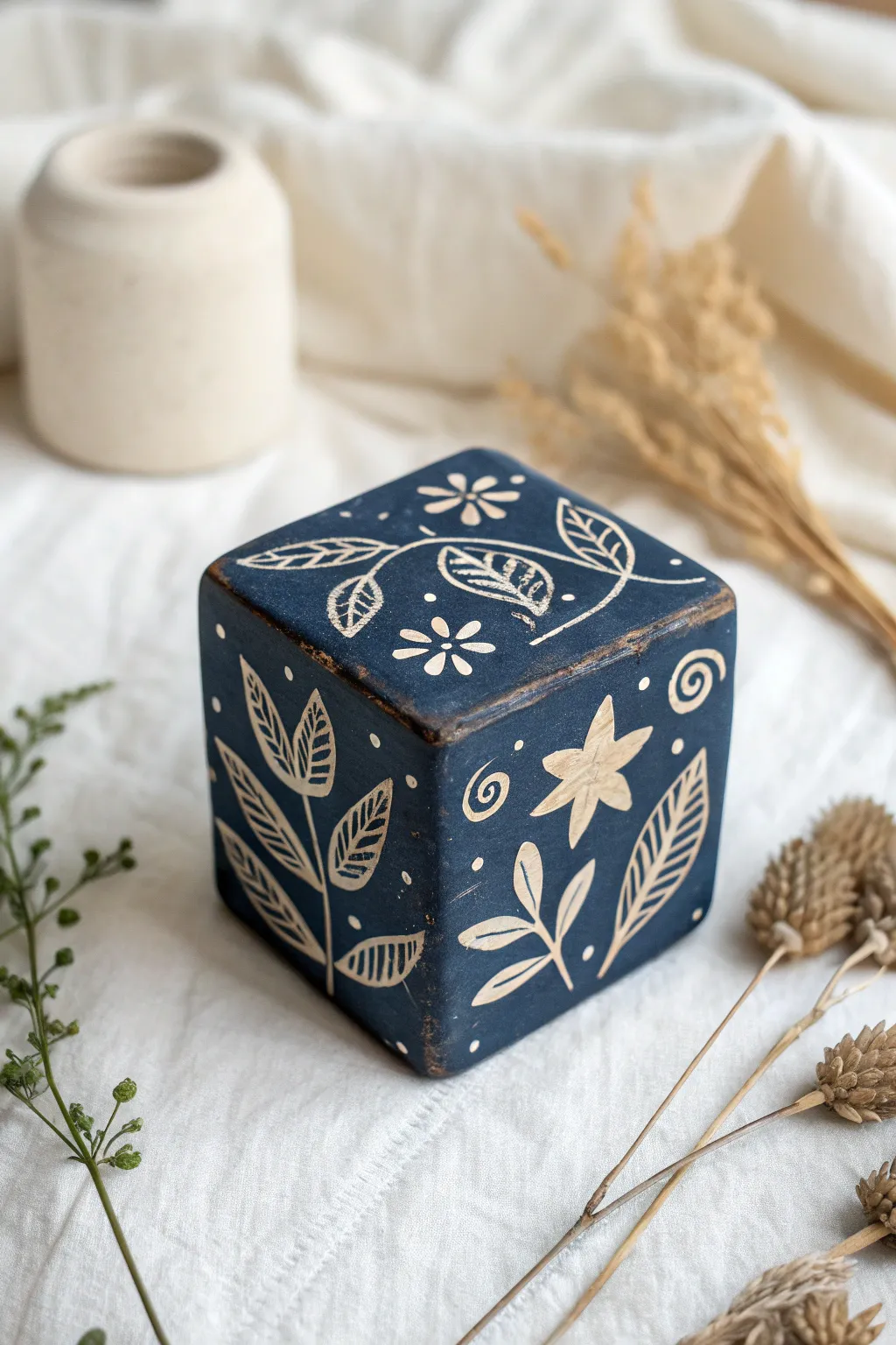 Sgraffito doodle clay cube in deep indigo, crisp etched motifs on a soft minimalist backdrop.