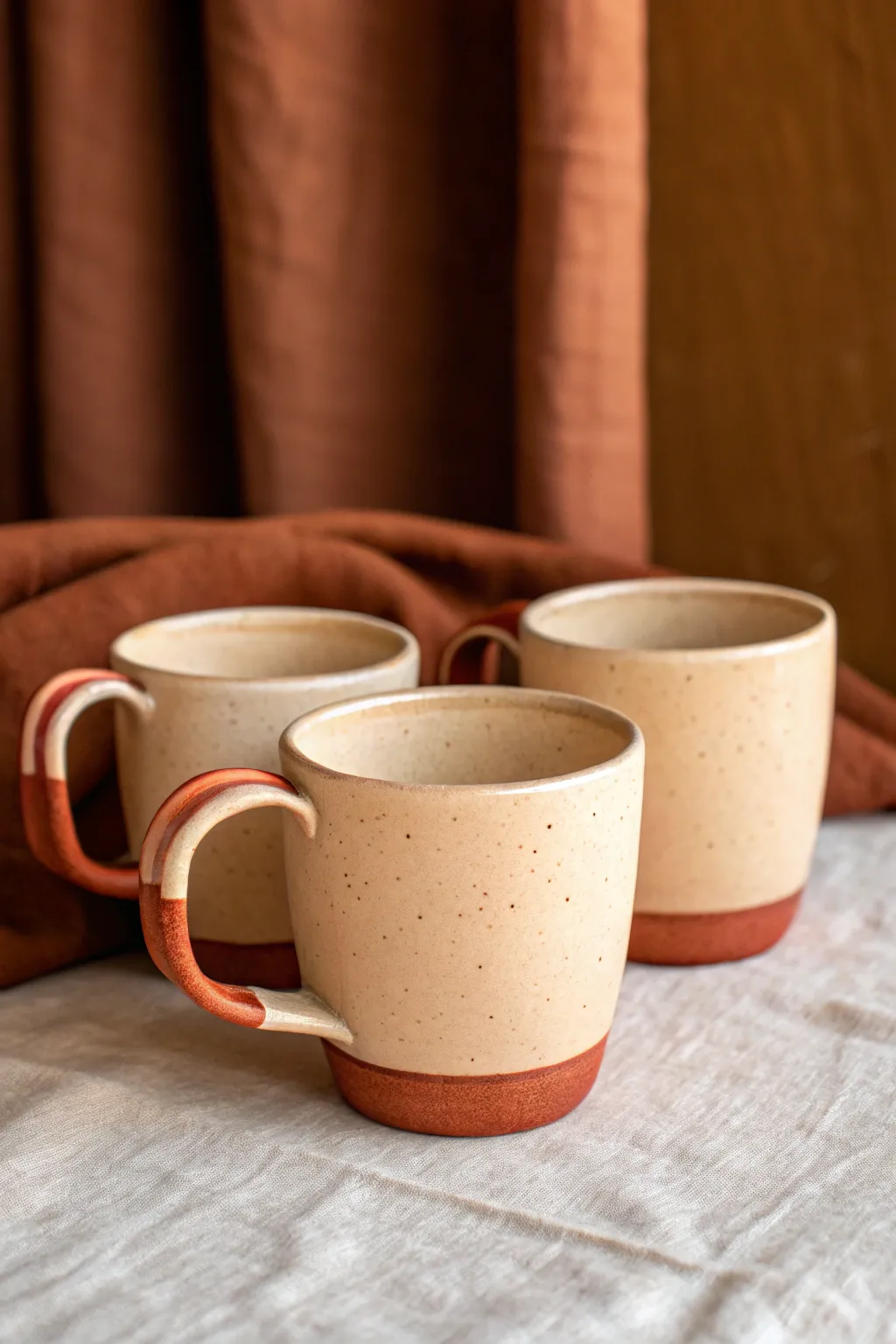 Three simple clay cups with bold statement handles for easy design comparison, minimalist boho vibe