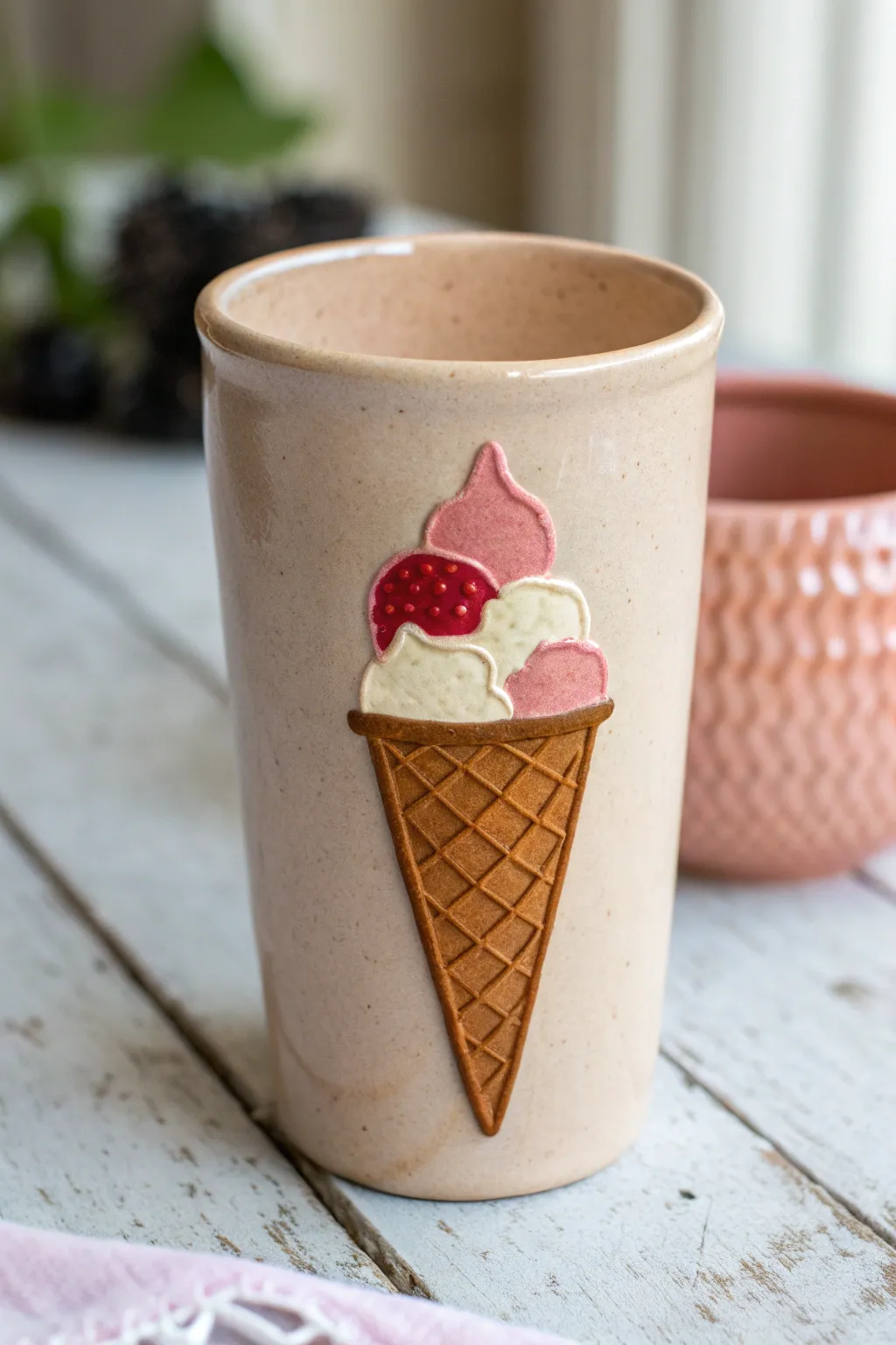 Minimalist clay cup with bold ice cream cone appliqué, a sweet Scandinavian boho statement.