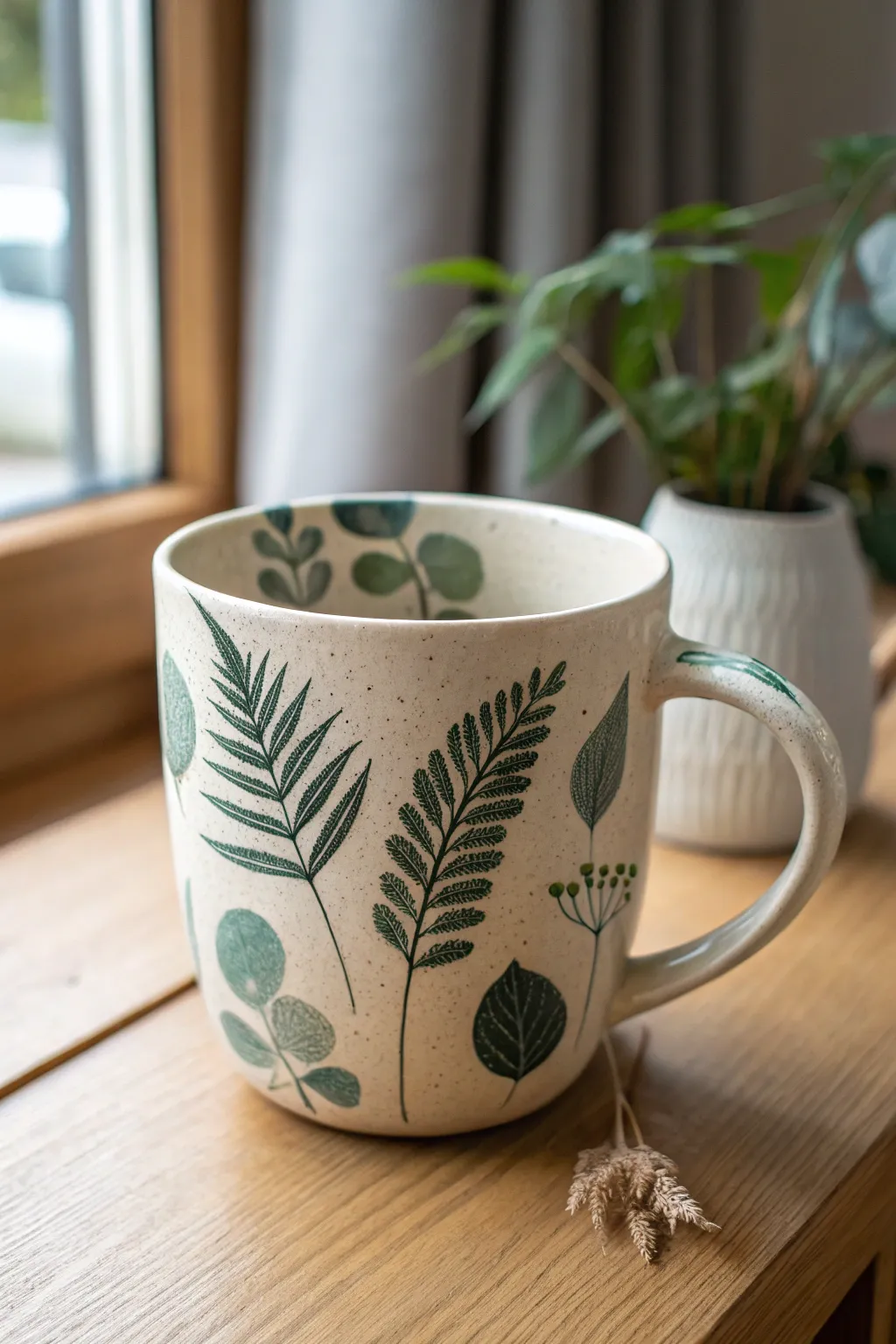 Leafy silhouettes in two greens on a creamy clay cup, simple, bold, and calming.