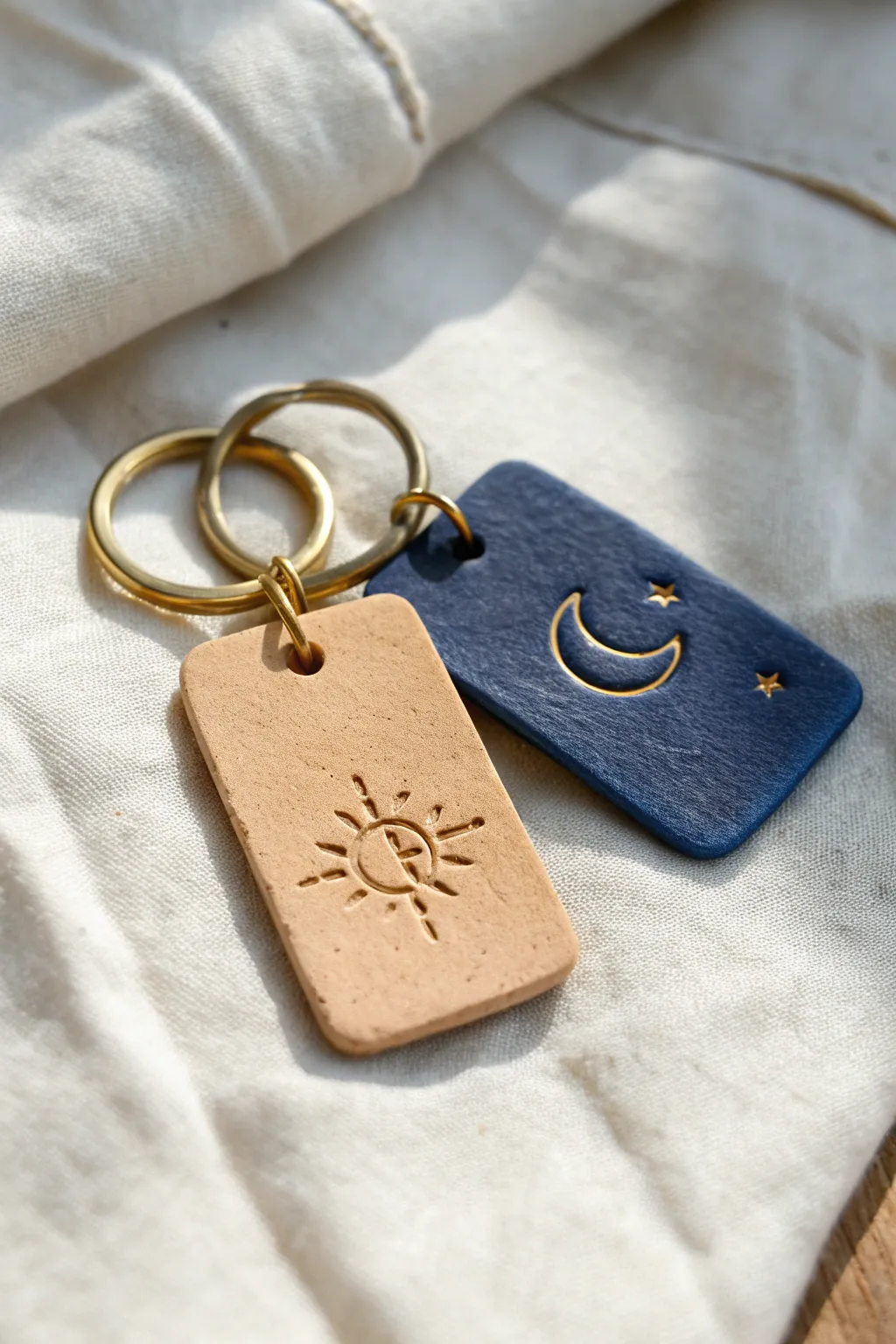 Symbol-stamped clay keychains that hide a tiny inside joke, perfect for a cozy clay date night