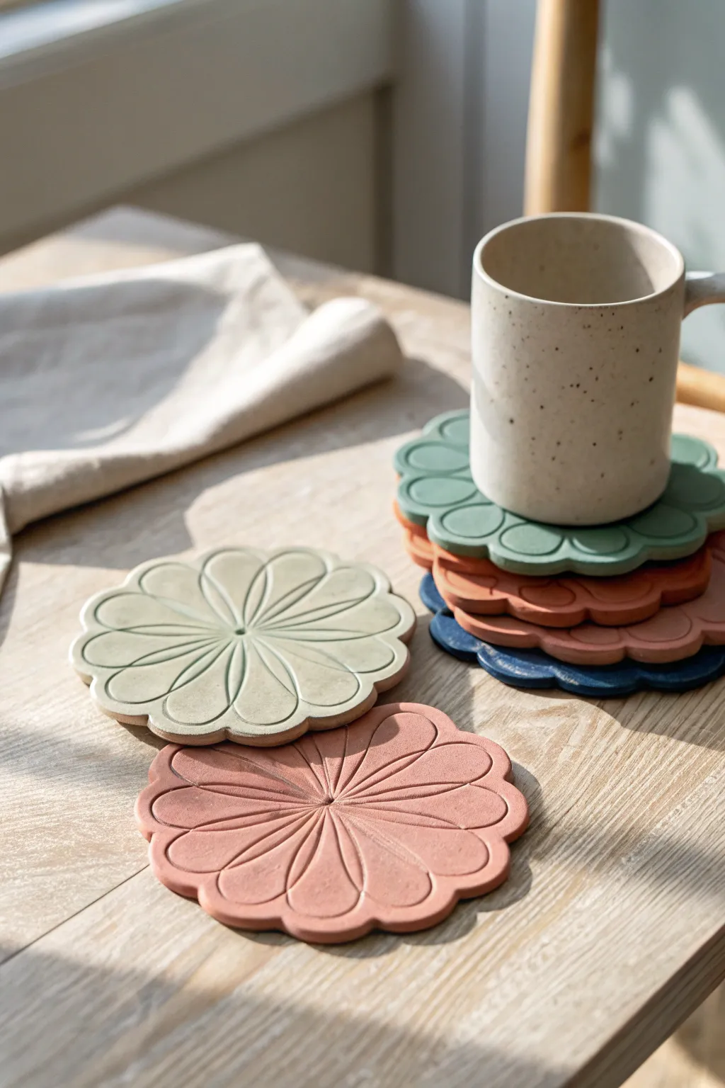 Handmade flower-shaped clay coasters stacked in soft boho colors, cozy minimal styling.
