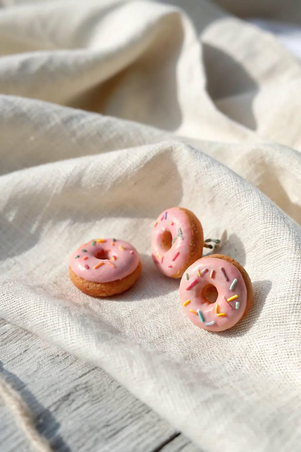 Tiny clay donut stud earrings with pink icing and sprinkles, styled simply on neutral linen.